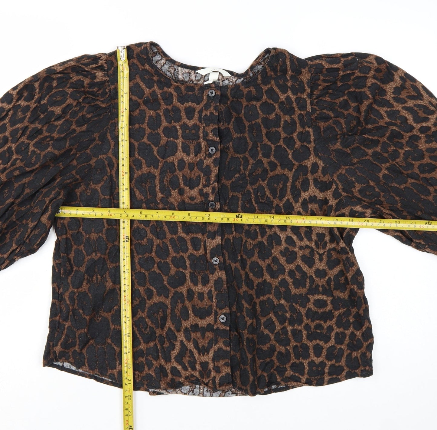 H&M Women’s Brown Leopard Print Linen Blend Puff Sleeve Blouse Size 14