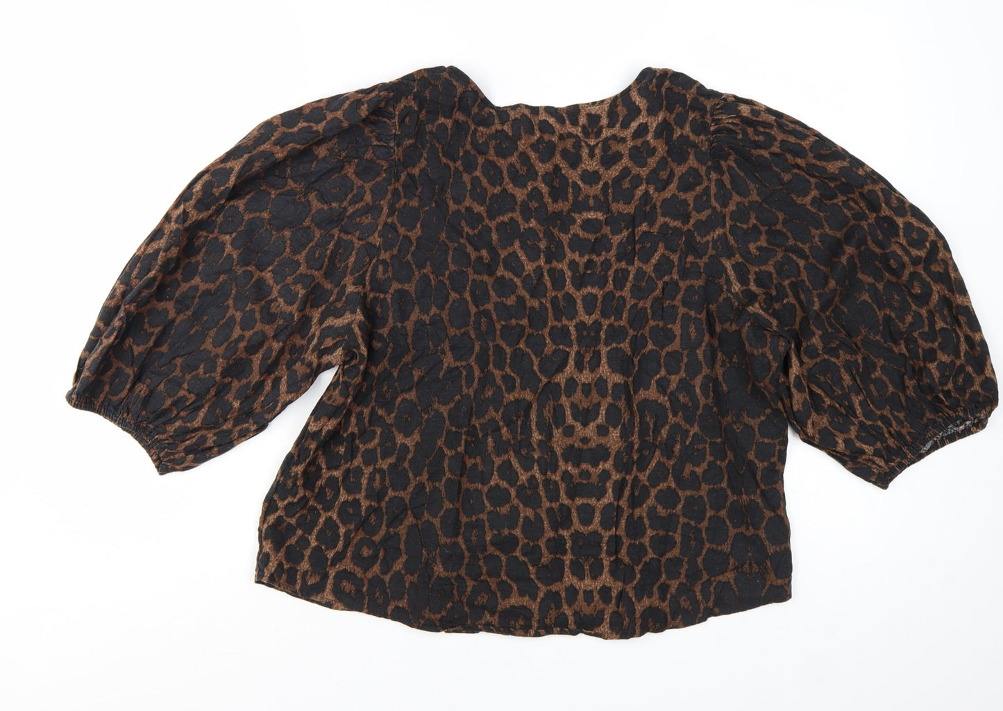 H&M Women’s Brown Leopard Print Linen Blend Puff Sleeve Blouse Size 14