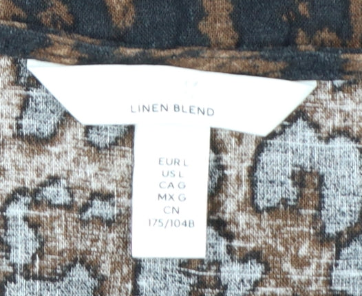 H&M Women’s Brown Leopard Print Linen Blend Puff Sleeve Blouse Size 14