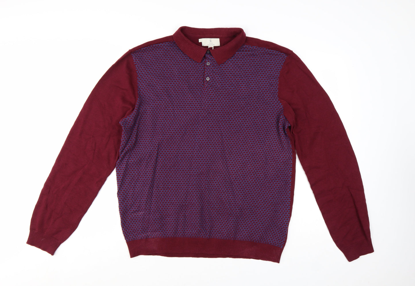 2nd Chapter Men's Red Cotton Collared Henley Jumper XL Long Sleeve Knit