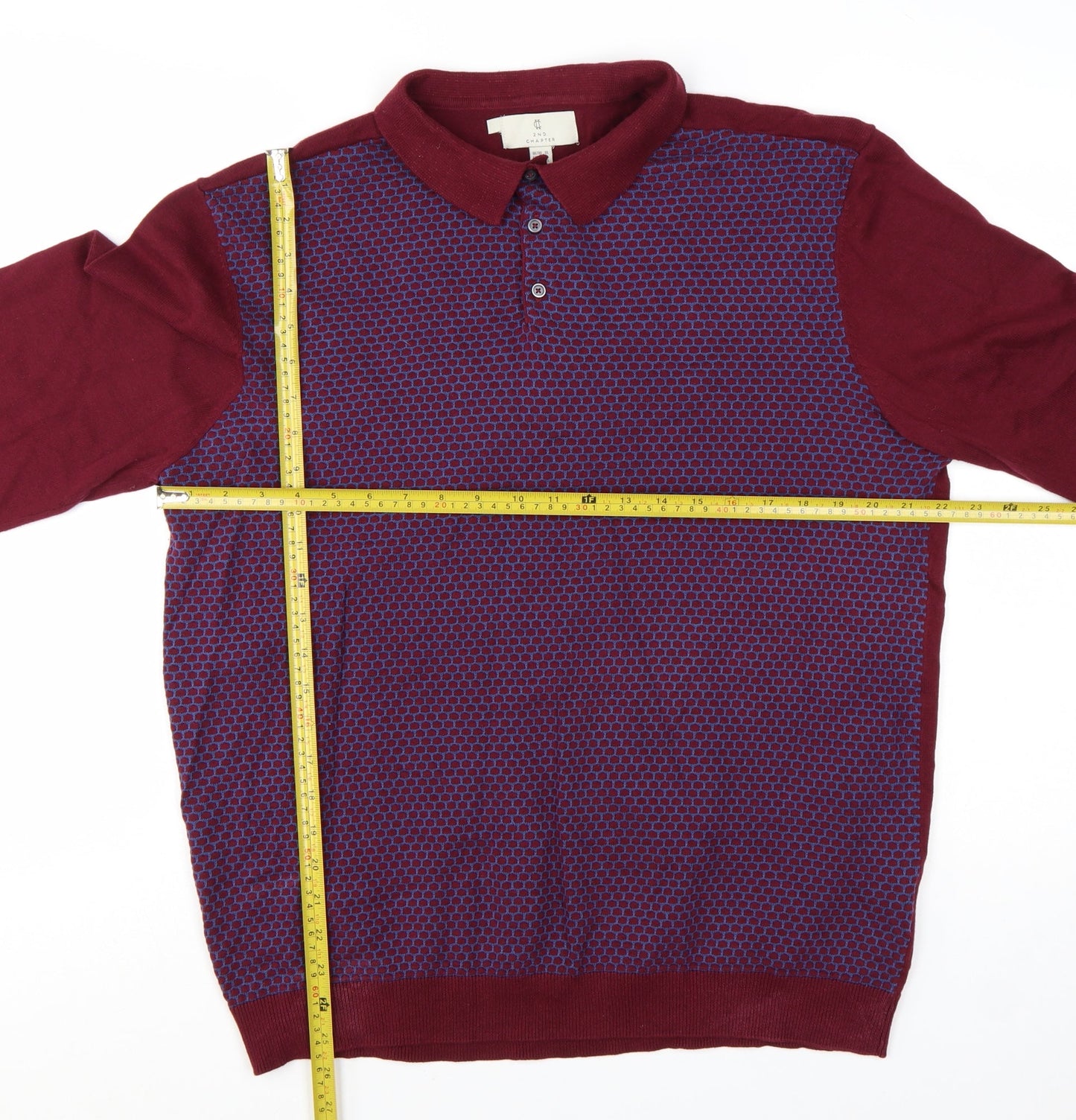 2nd Chapter Men's Red Cotton Collared Henley Jumper XL Long Sleeve Knit