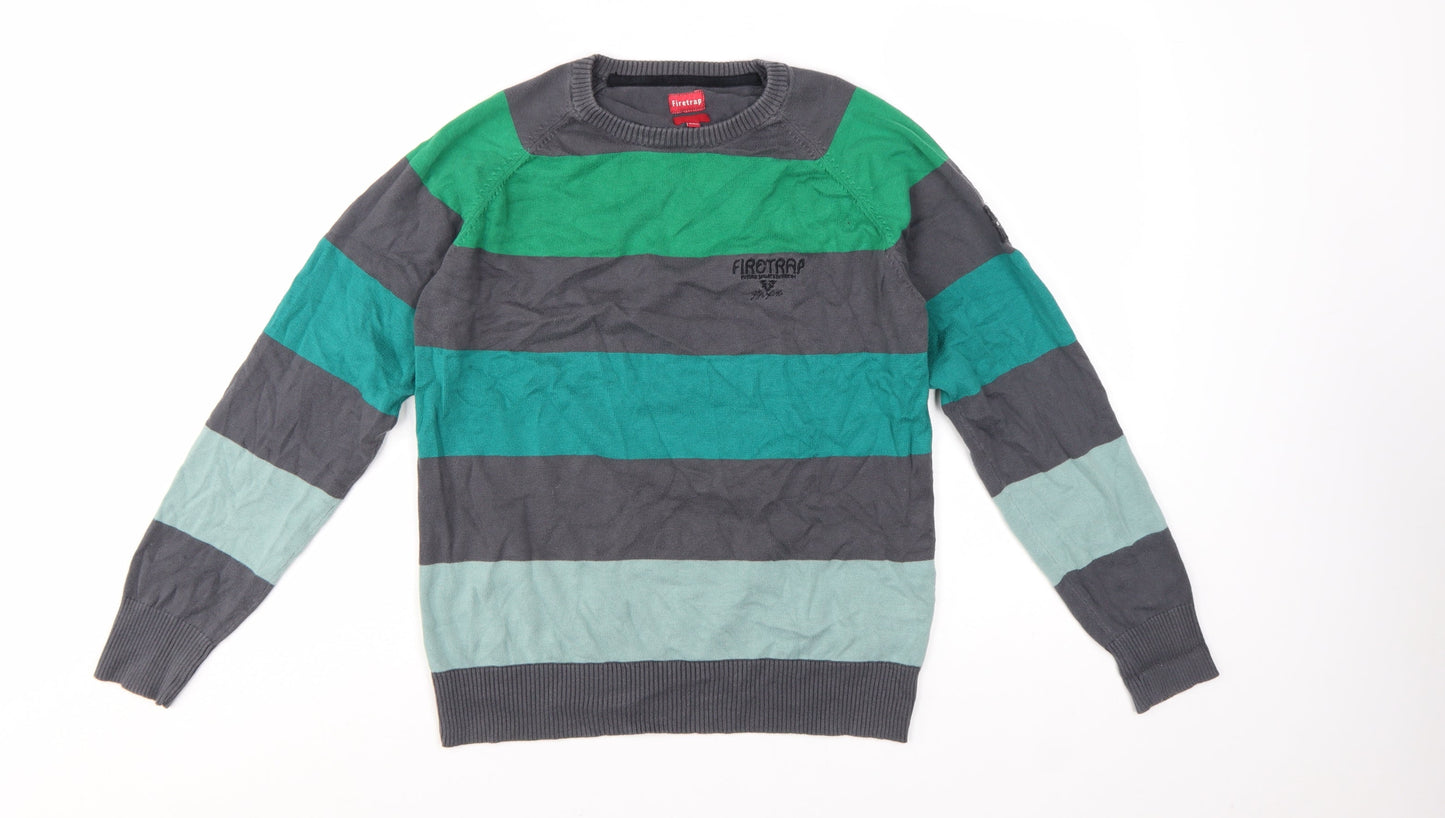 Firetrap Men's Multicoloured Striped Cotton Crew Neck Jumper Medium