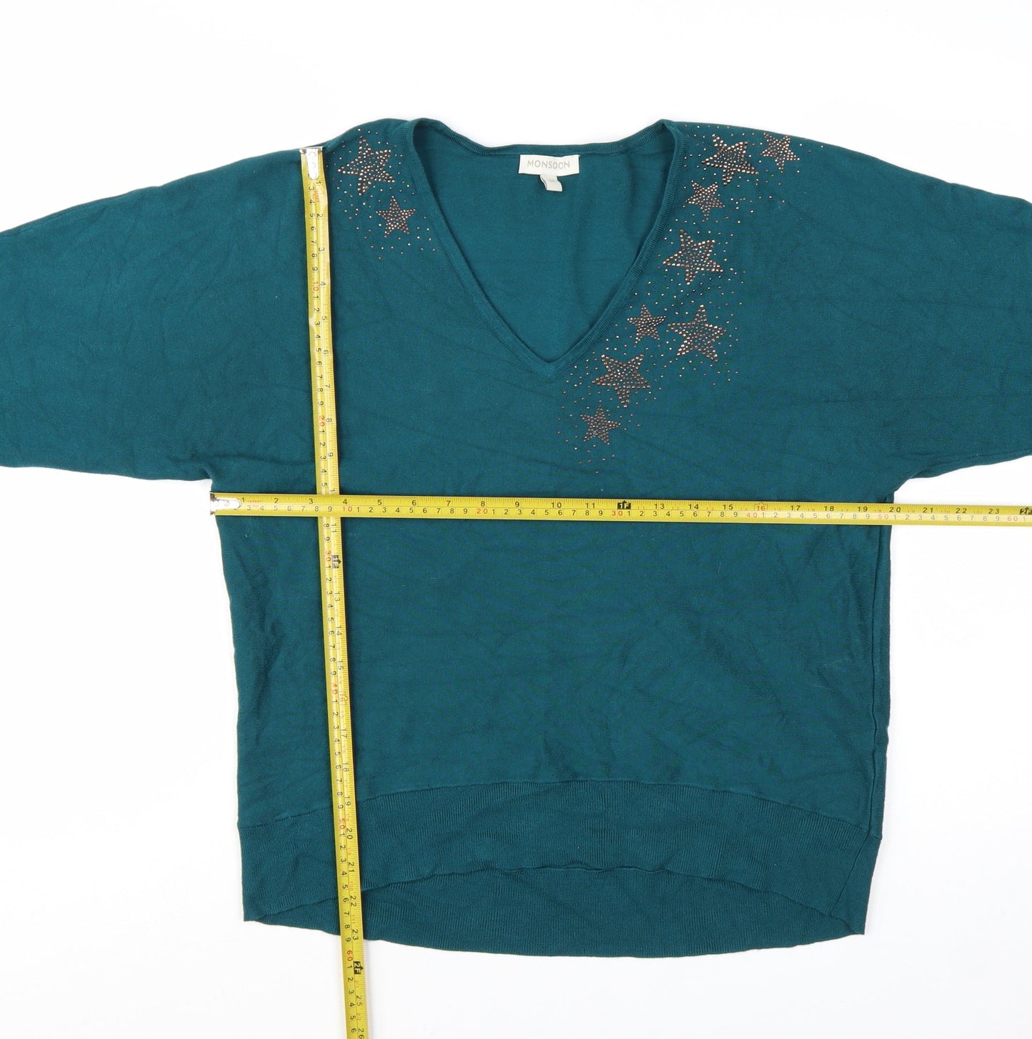 Monsoon Womens Green V-Neck Star Rhinestone Pullover Jumper Size M