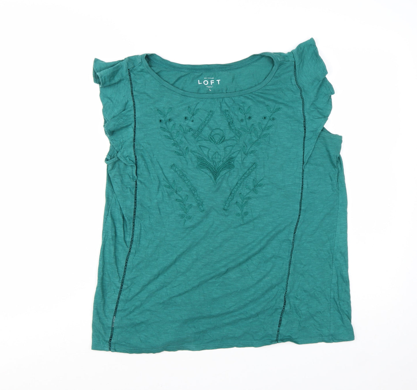 Ann Taylor Loft Women's Green Embroidered Cotton Sleeveless Top L