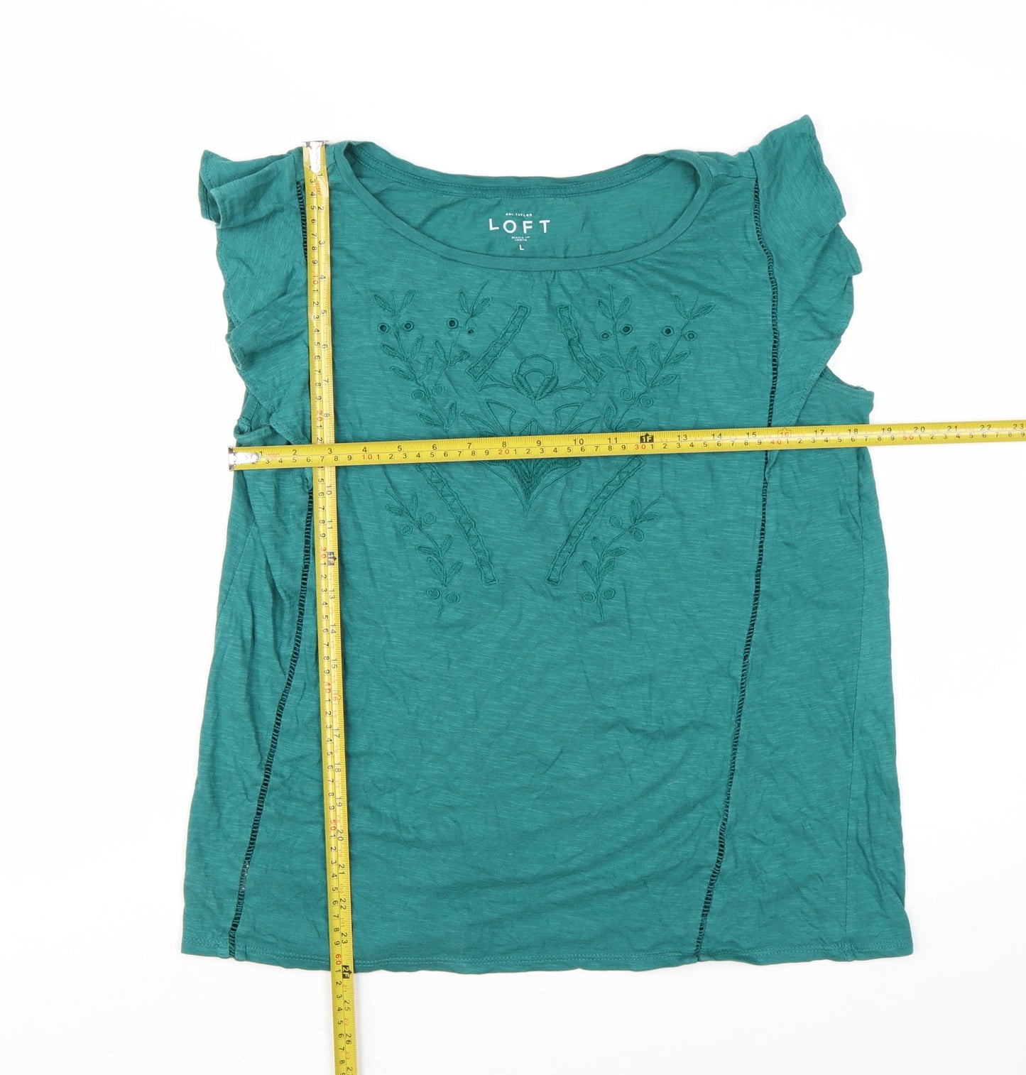 Ann Taylor Loft Women's Green Embroidered Cotton Sleeveless Top L