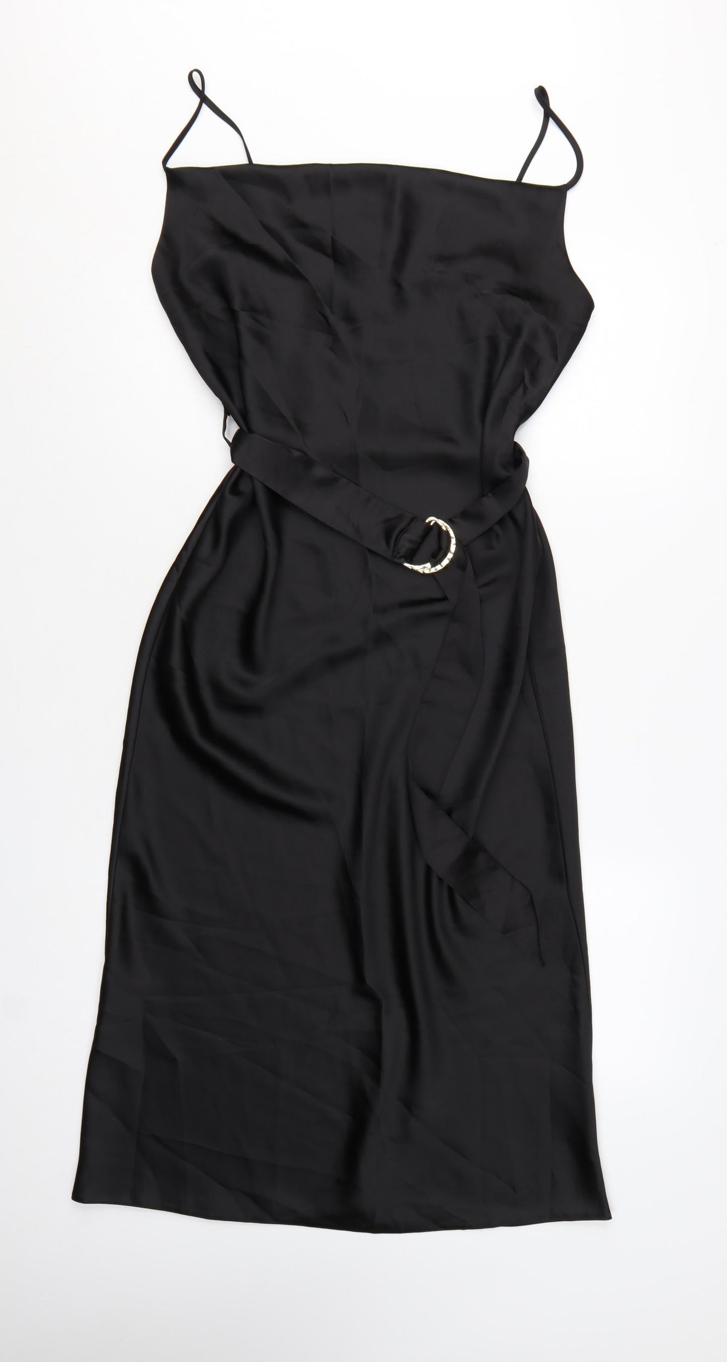 River Island Women’s Black Satin Midi Slip Dress Size 12 Belted