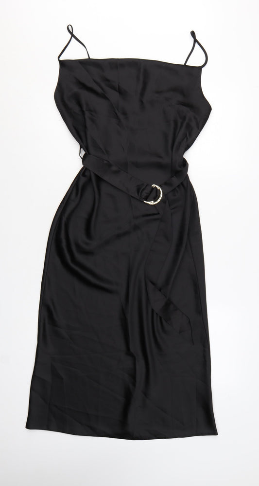River Island Women’s Black Satin Midi Slip Dress Size 12 Belted
