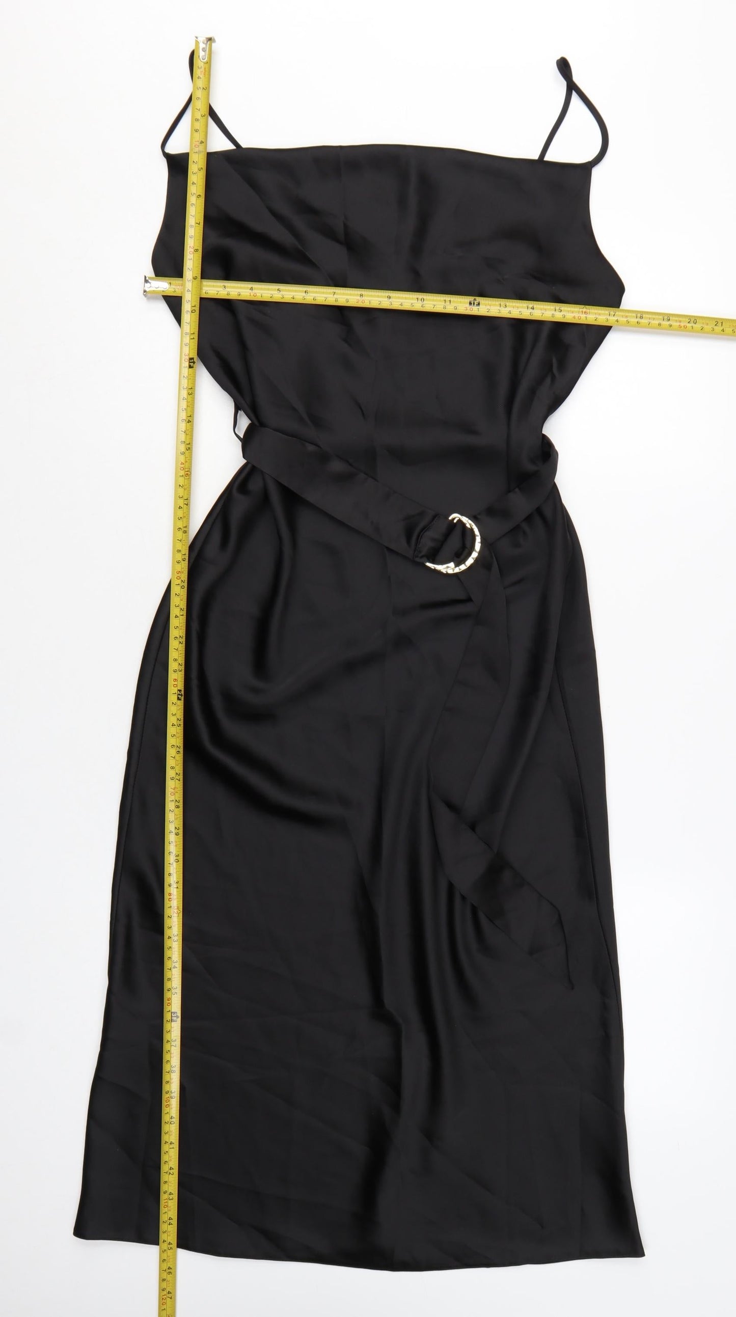 River Island Women’s Black Satin Midi Slip Dress Size 12 Belted
