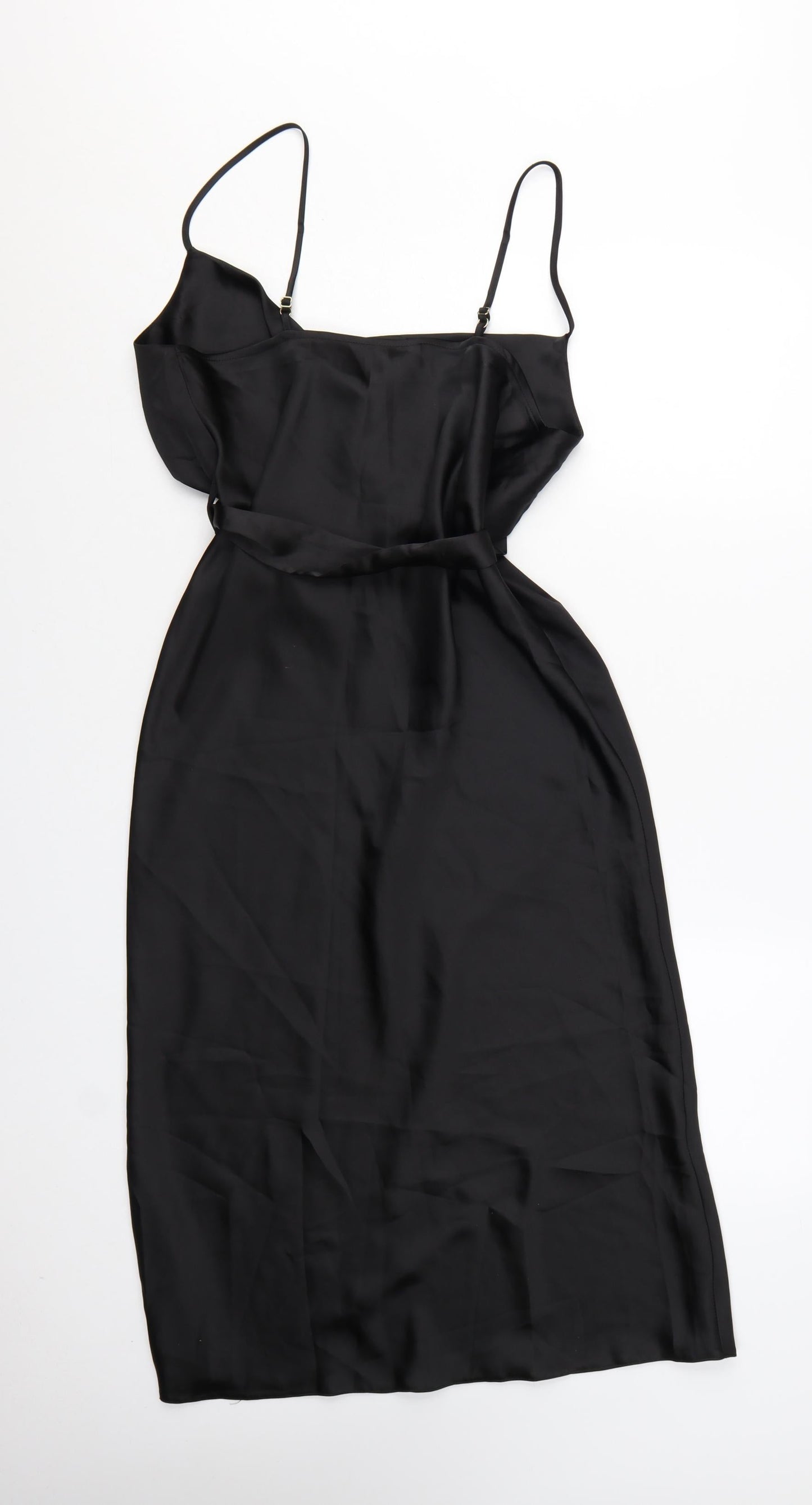 River Island Women’s Black Satin Midi Slip Dress Size 12 Belted