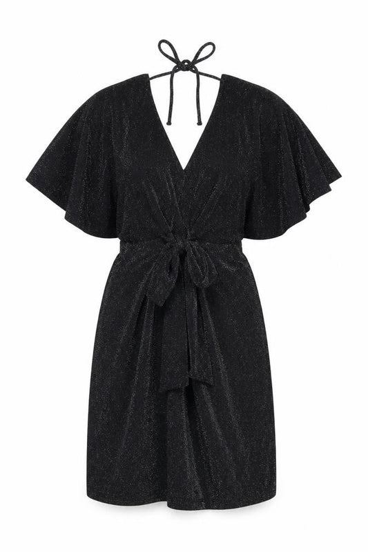 Front view of Dorothy Perkins Women’s Black Glitter Wrap Dress, size UK 10