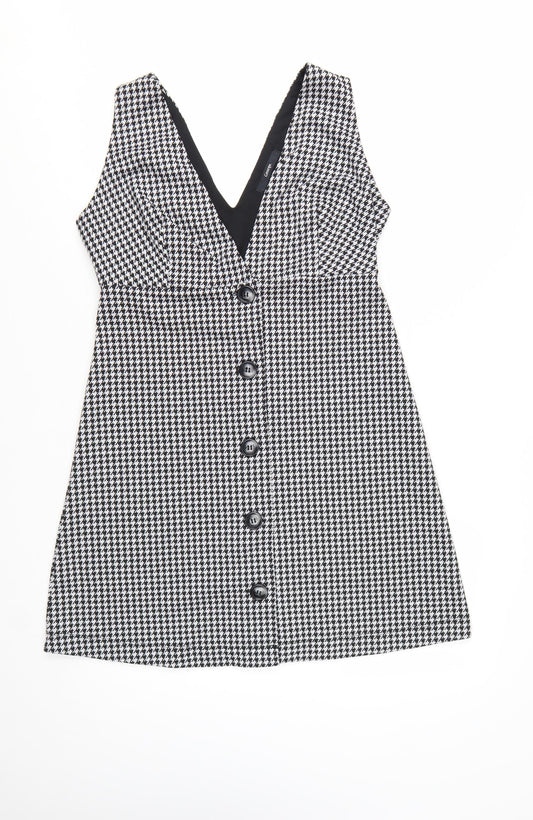 George Women Black Houndstooth Sleeveless V-Neck Pinafore Dress Size 10