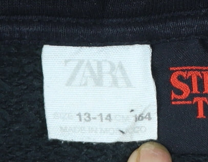 ZARA Girls Black Stranger Things Pullover Hoodie 13-14 Years Fleece Lined