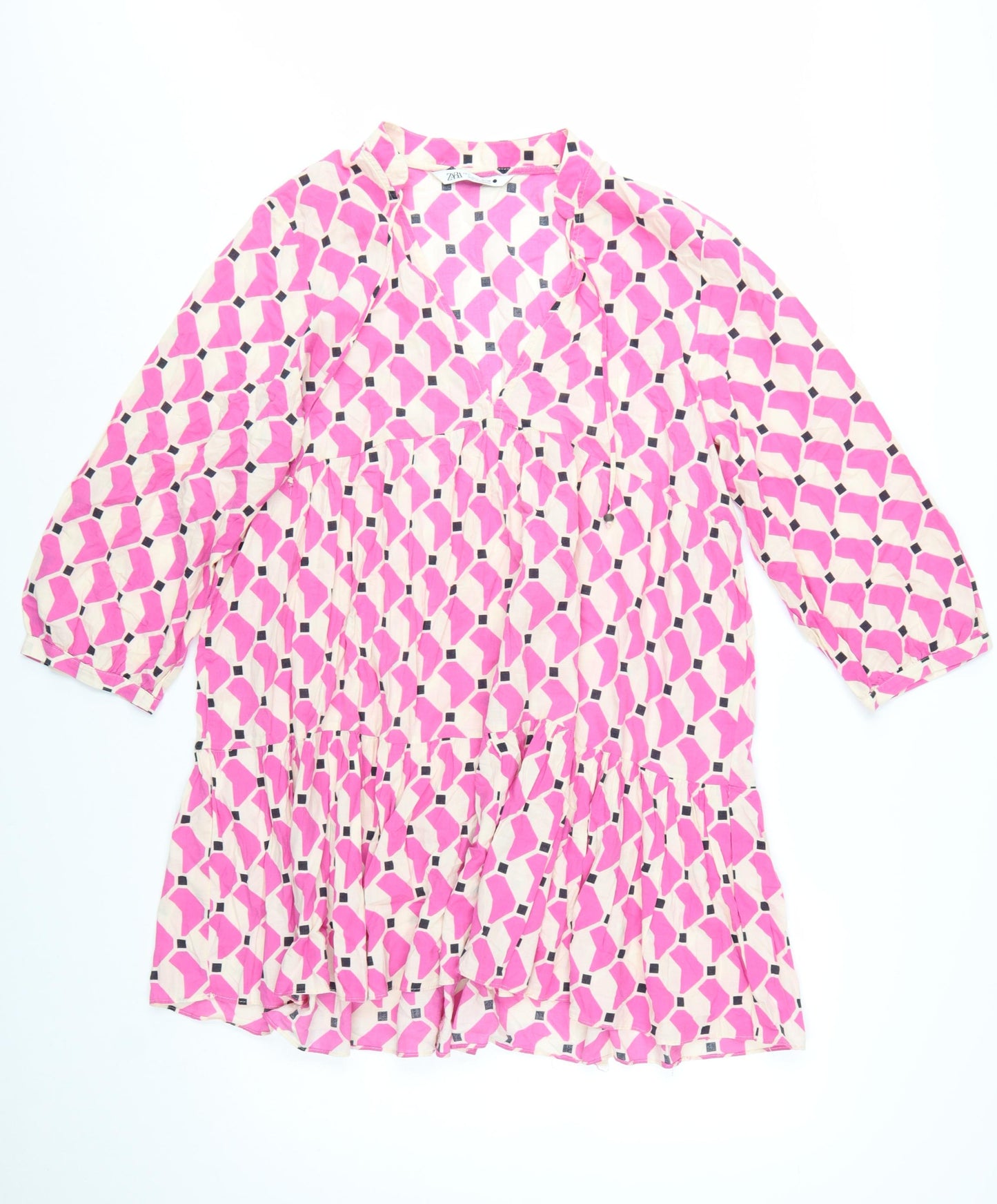 ZARA Women Pink Geometric Smock Dress Size 14 3/4 Sleeve V-Neck