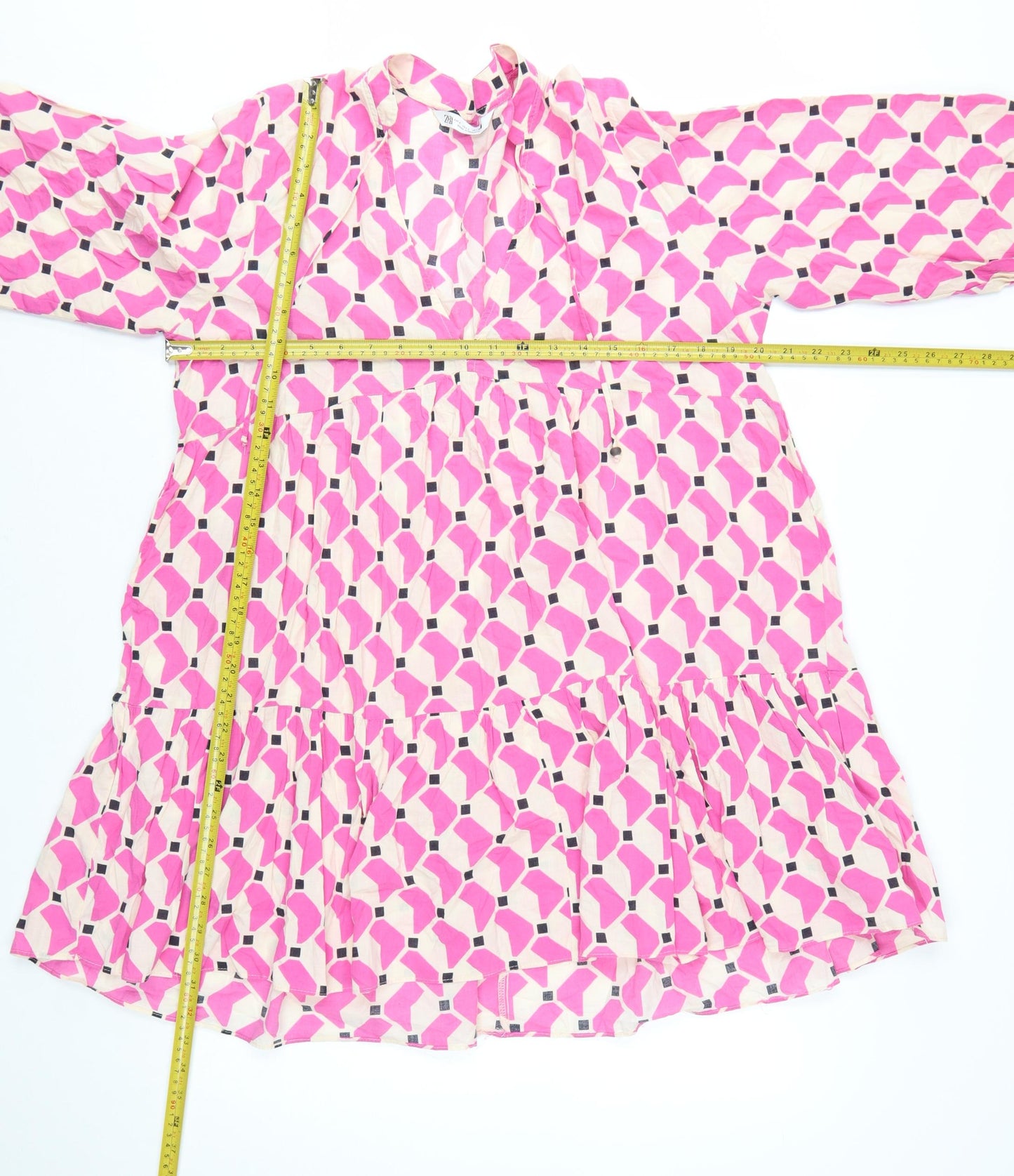ZARA Women Pink Geometric Smock Dress Size 14 3/4 Sleeve V-Neck