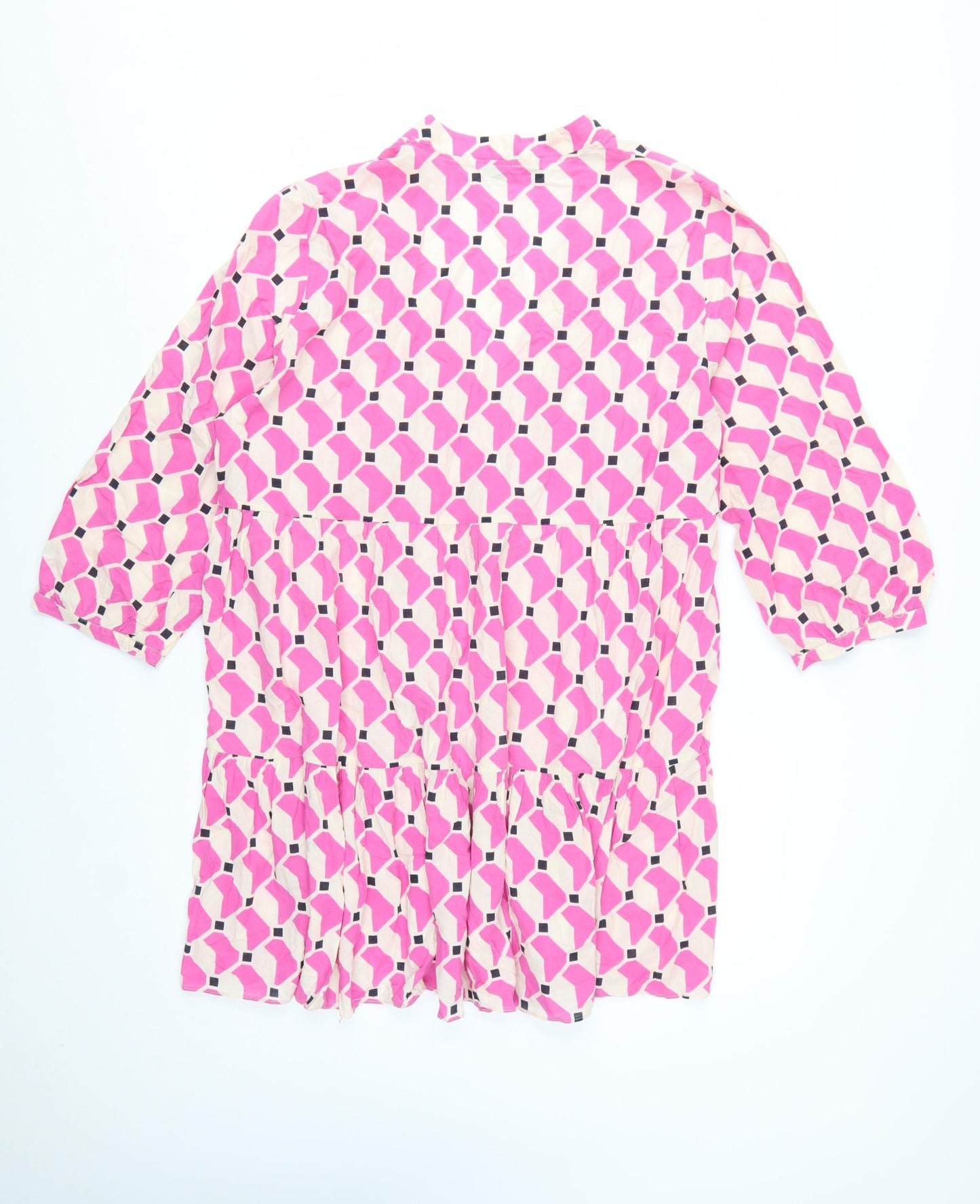 ZARA Women Pink Geometric Smock Dress Size 14 3/4 Sleeve V-Neck