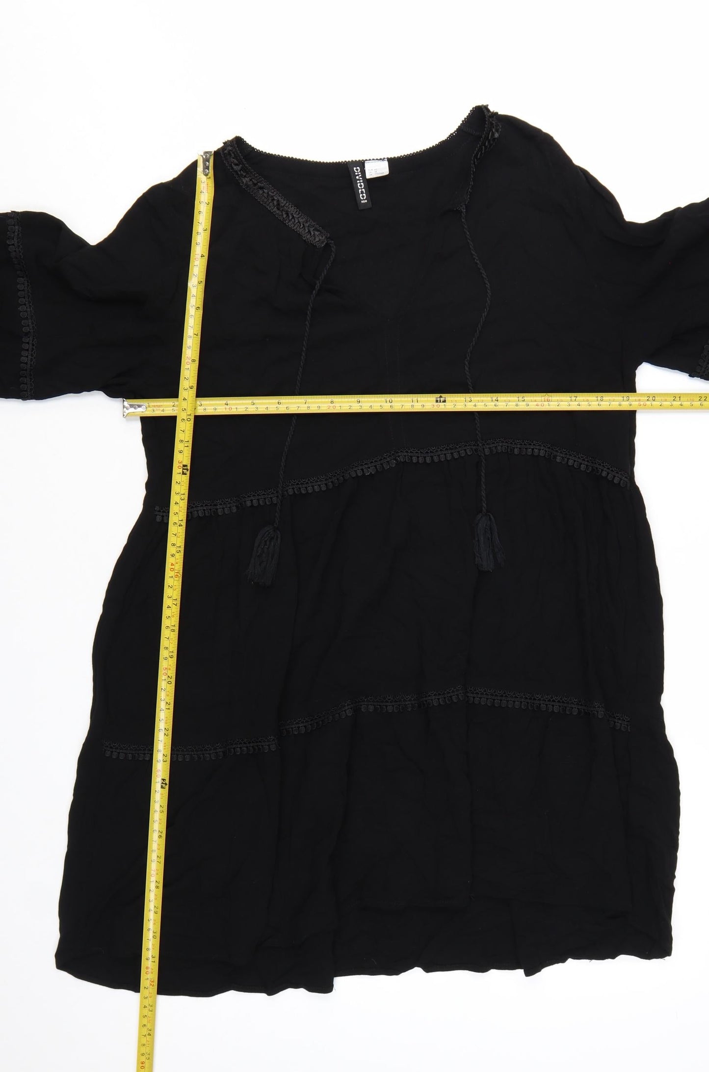 H&M Divided Womens Black Bohemian Knee Length 3/4 Sleeve Dress Size 14
