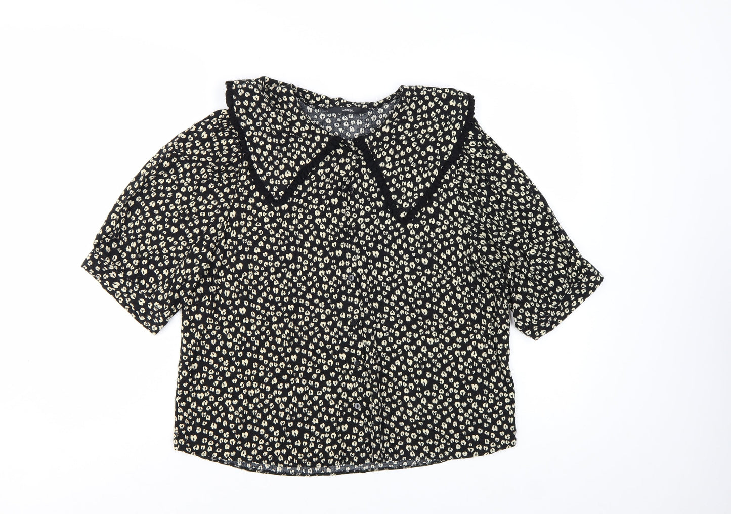 George Women’s Black Animal Print Collared Short Sleeve Blouse Size 14