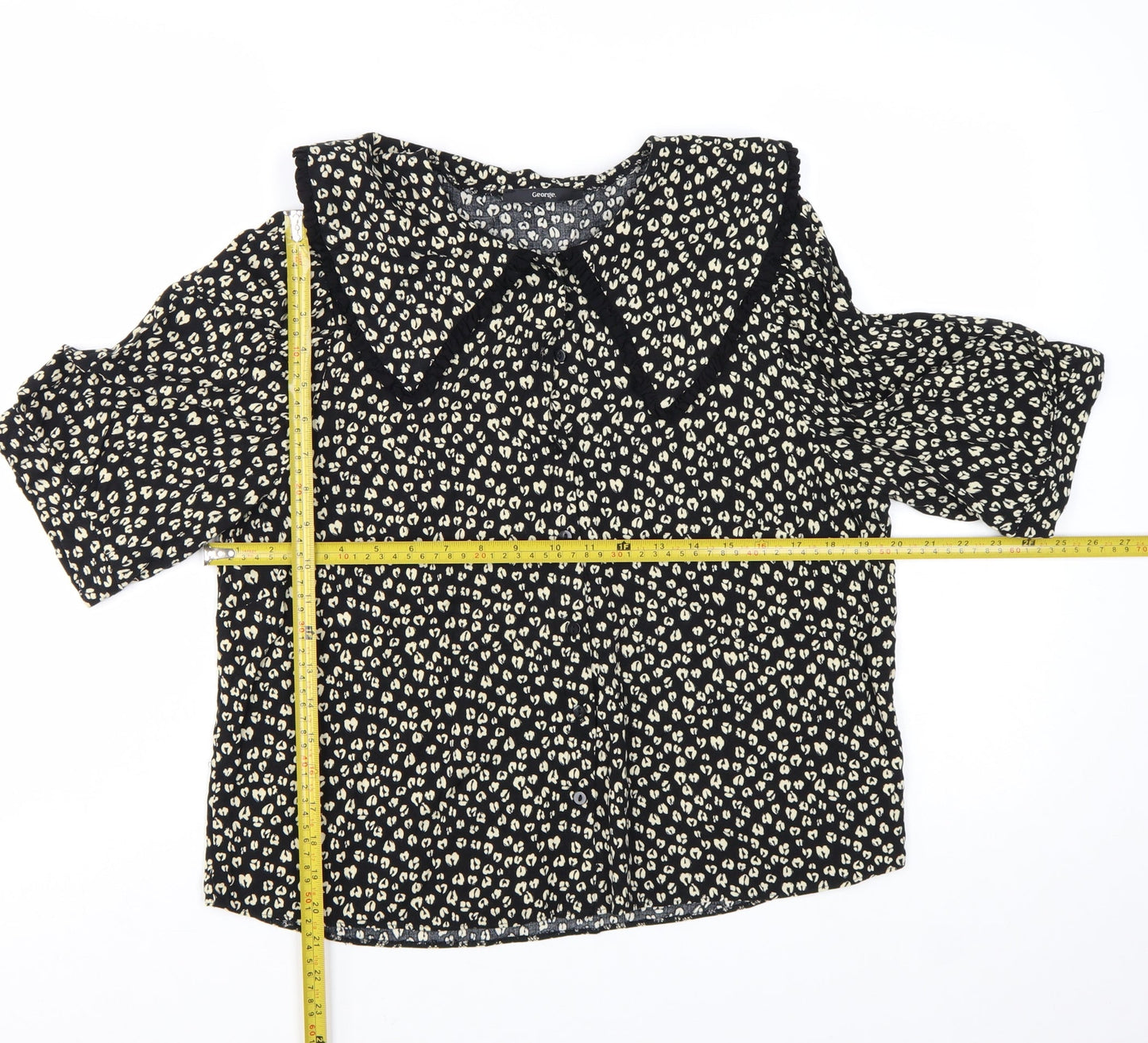 George Women’s Black Animal Print Collared Short Sleeve Blouse Size 14