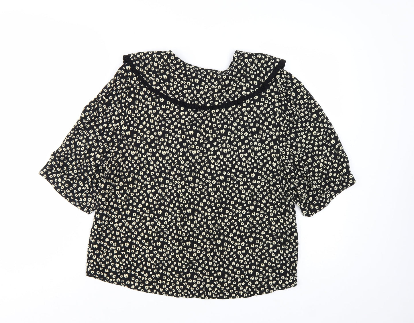 George Women’s Black Animal Print Collared Short Sleeve Blouse Size 14
