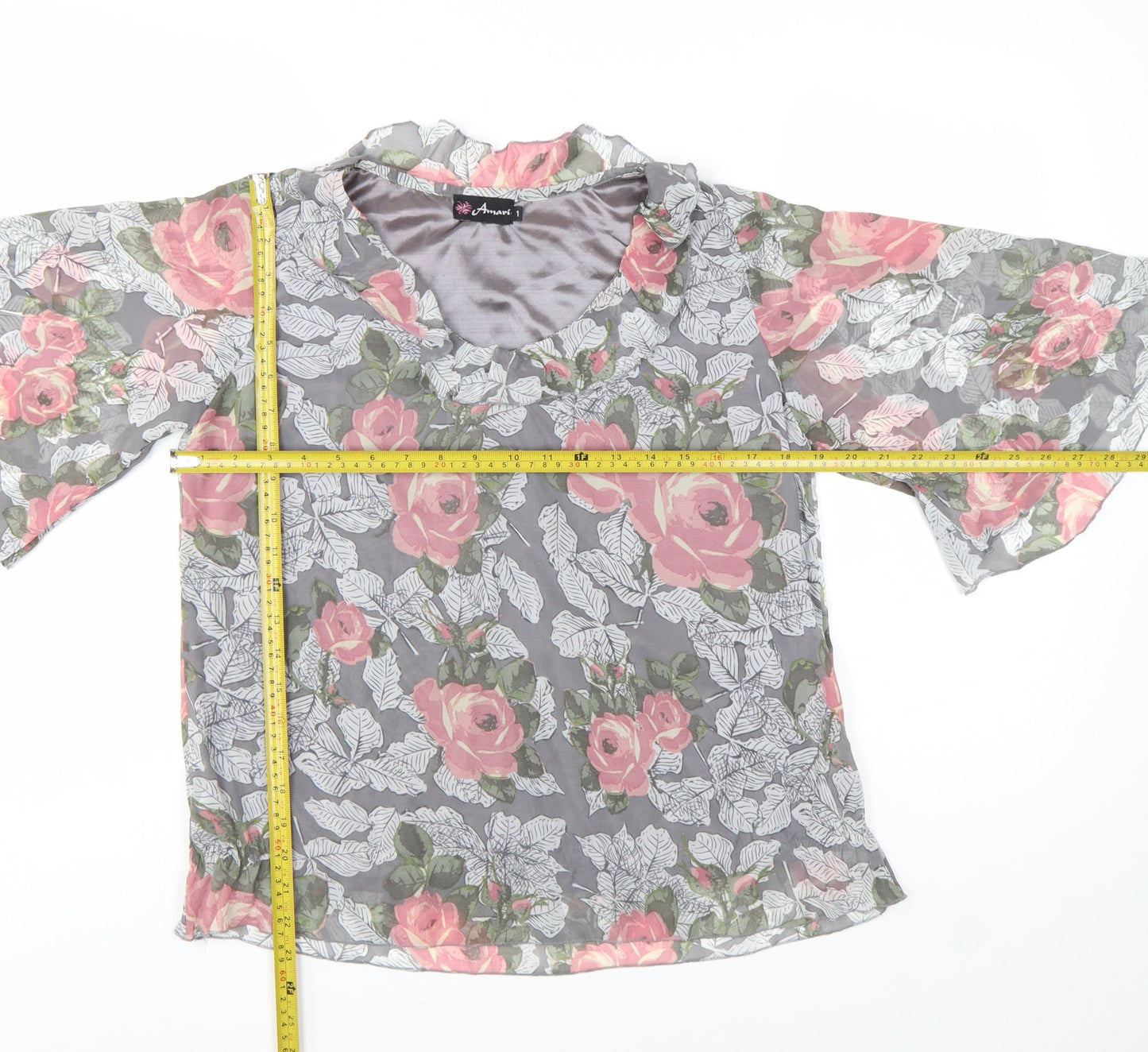 Amari Women’s Grey Floral Chiffon Tunic Blouse Size S V-Neck Flared Sleeve