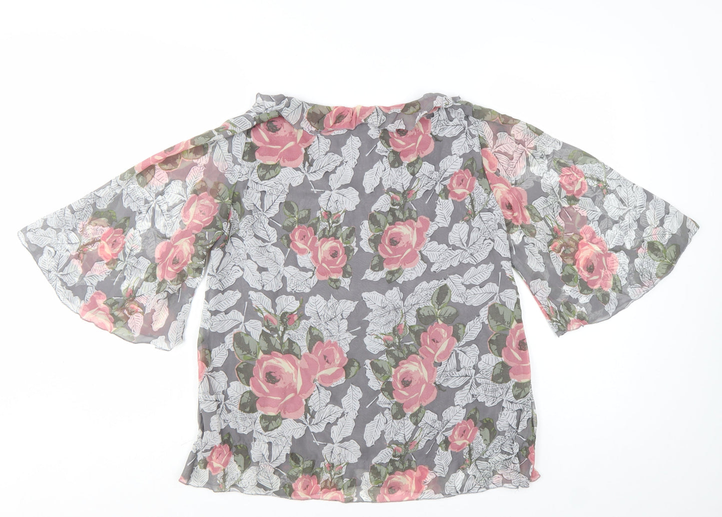 Amari Women’s Grey Floral Chiffon Tunic Blouse Size S V-Neck Flared Sleeve