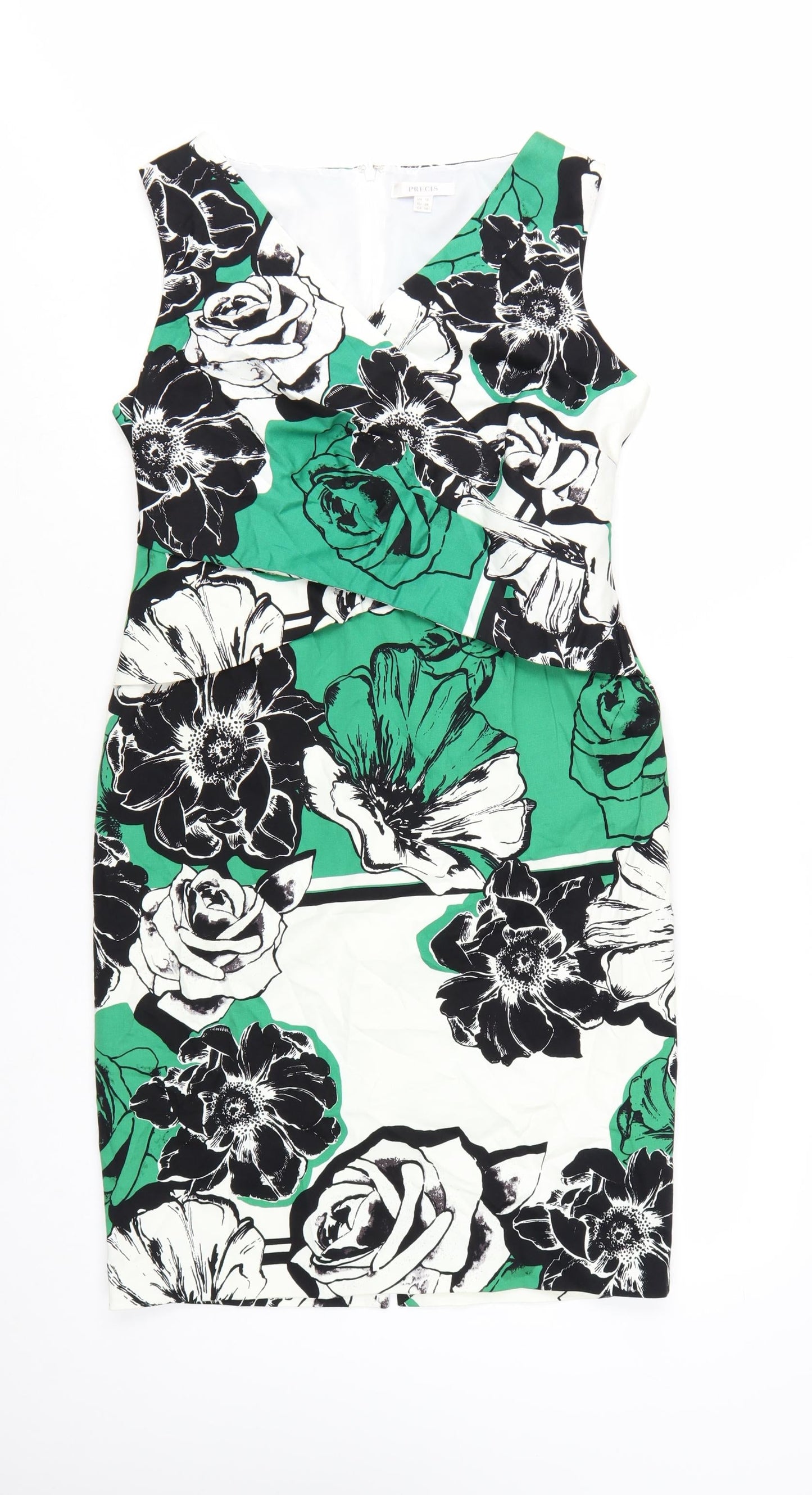 Precis Women Green Floral Sheath Dress Size 12 Sleeveless V-Neck