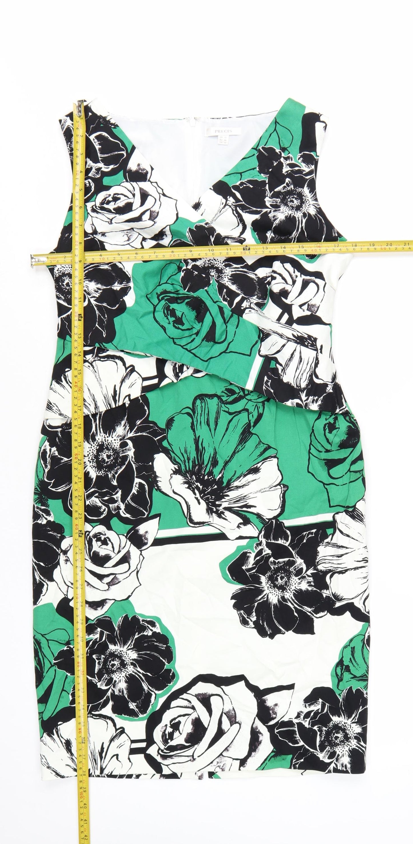 Precis Women Green Floral Sheath Dress Size 12 Sleeveless V-Neck