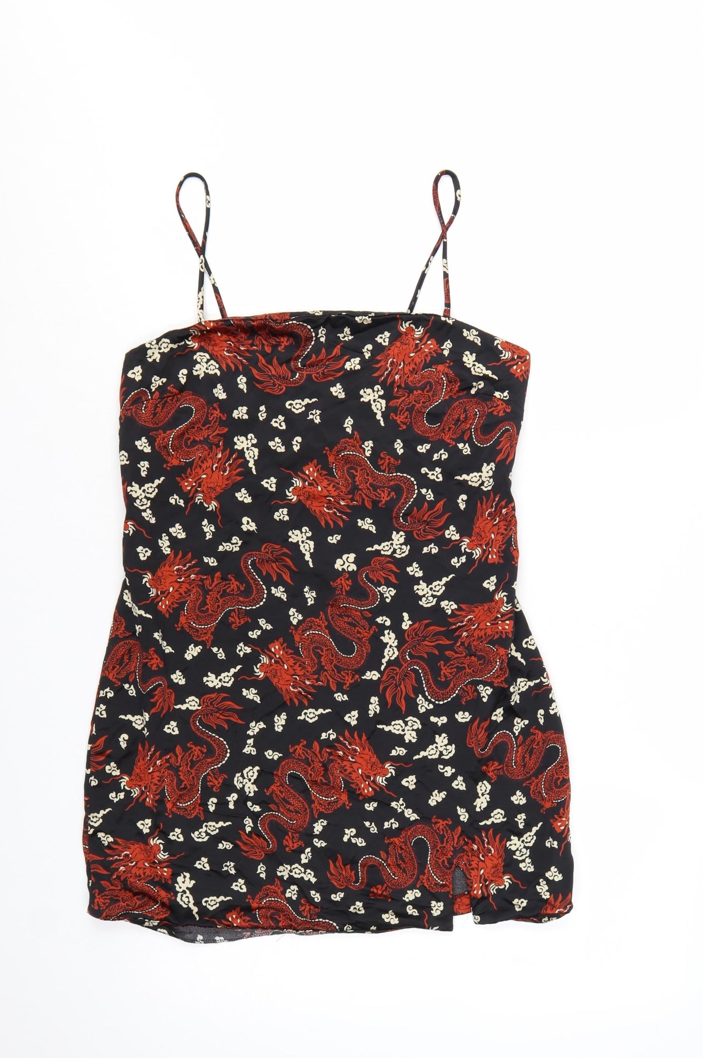 ZARA Women Black Red Dragon Print Slip Mini Dress Size 12
