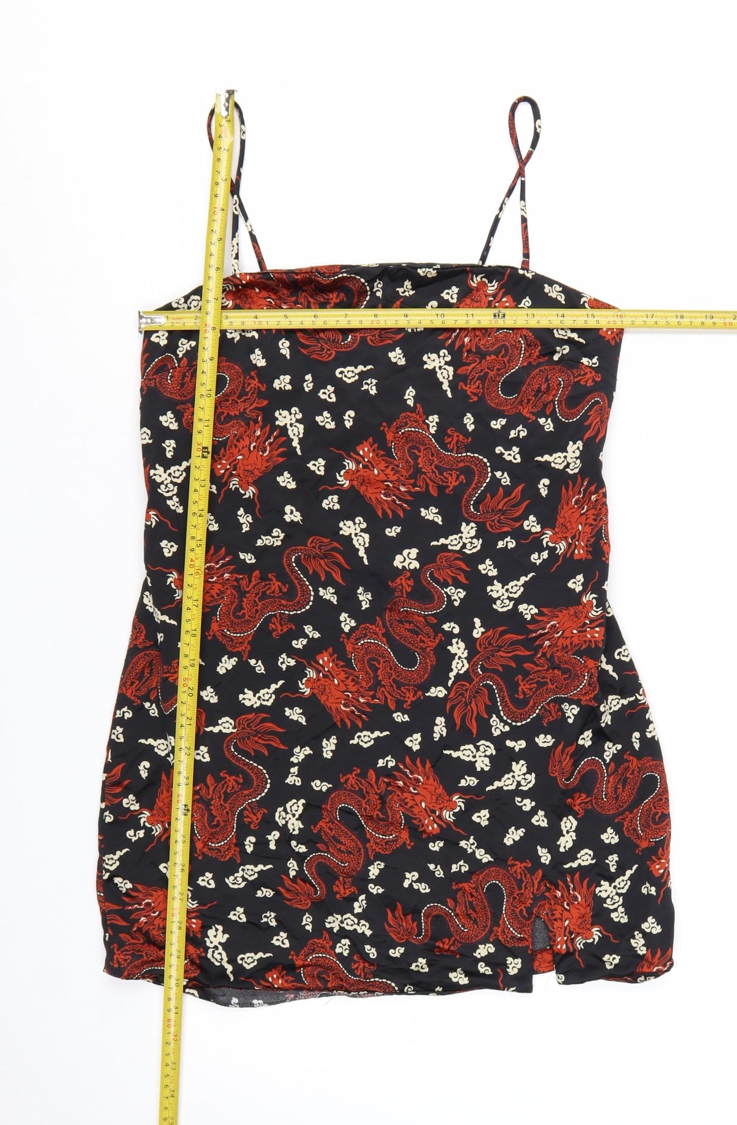 ZARA Women Black Red Dragon Print Slip Mini Dress Size 12