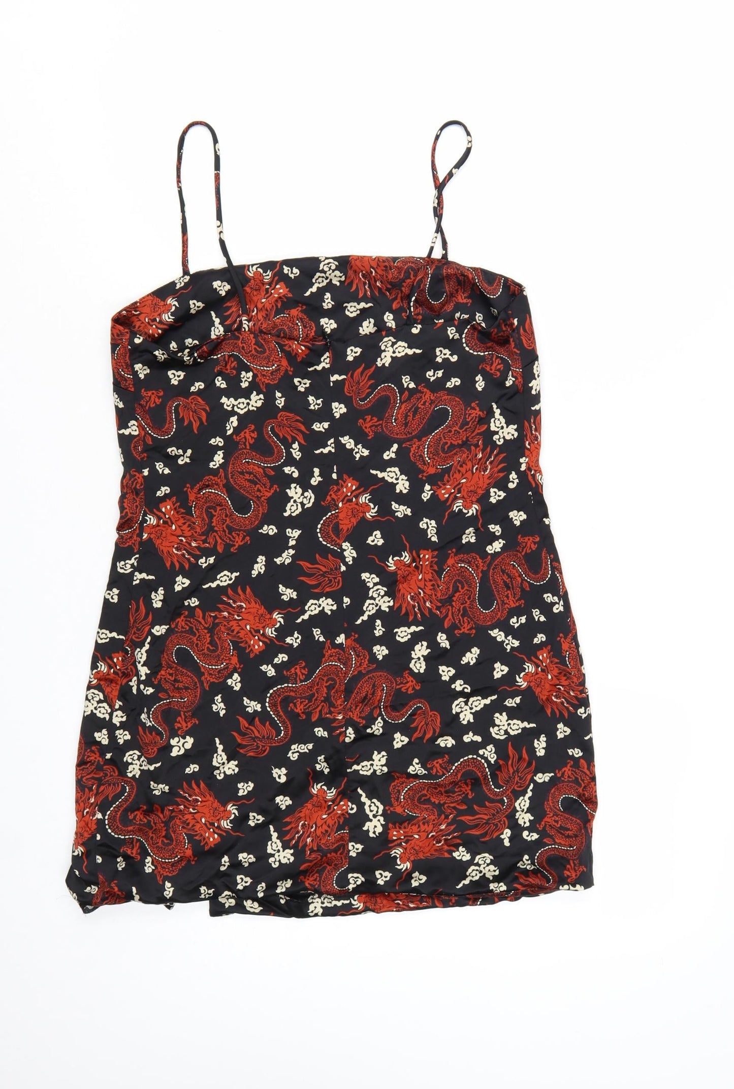 ZARA Women Black Red Dragon Print Slip Mini Dress Size 12