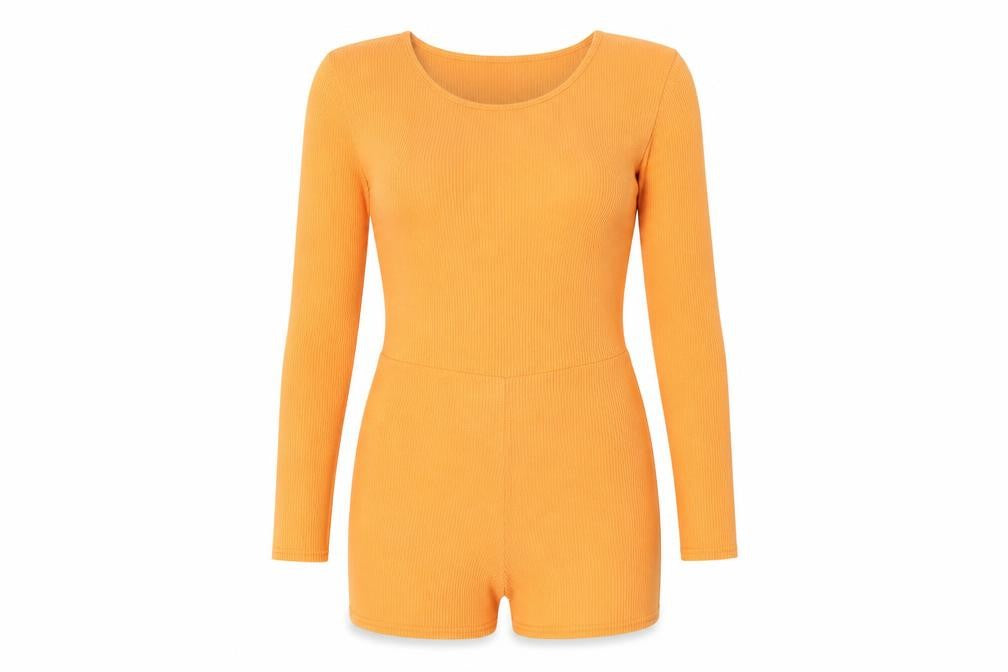 PRETTYLITTLETHING Women’s Orange Long Sleeve Ribbed Playsuit Size 6