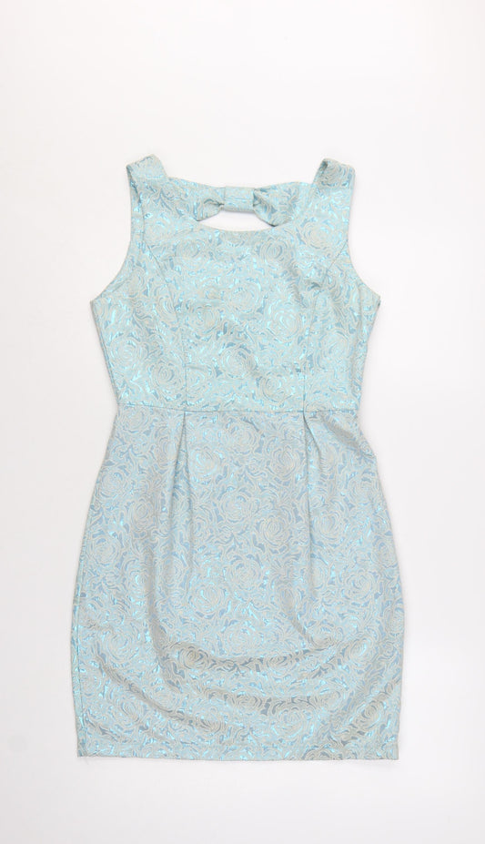 Yumi Women's Blue Floral Jacquard Knee Length Bodycon Sleeveless Dress Size 10