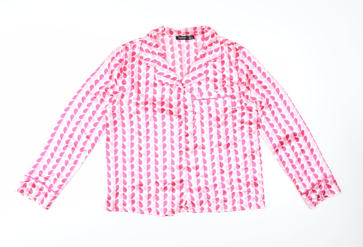 Boohoo Womens Pink Geometric Satin Pyjama Shirt Top UK 12