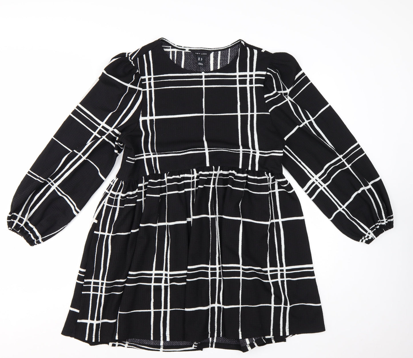 New Look Women Black Check Long Sleeve A-Line Dress Size 12