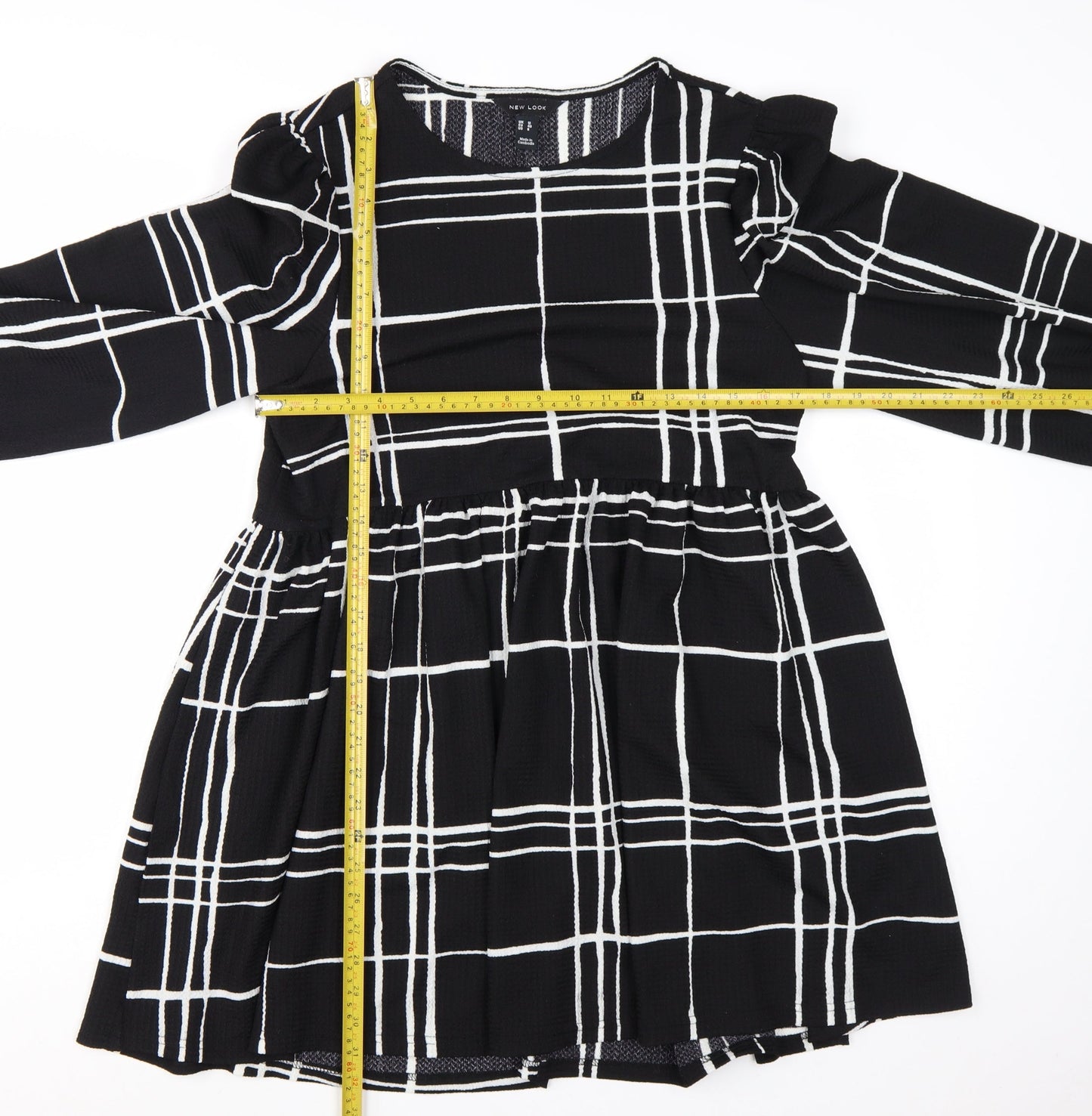 New Look Women Black Check Long Sleeve A-Line Dress Size 12