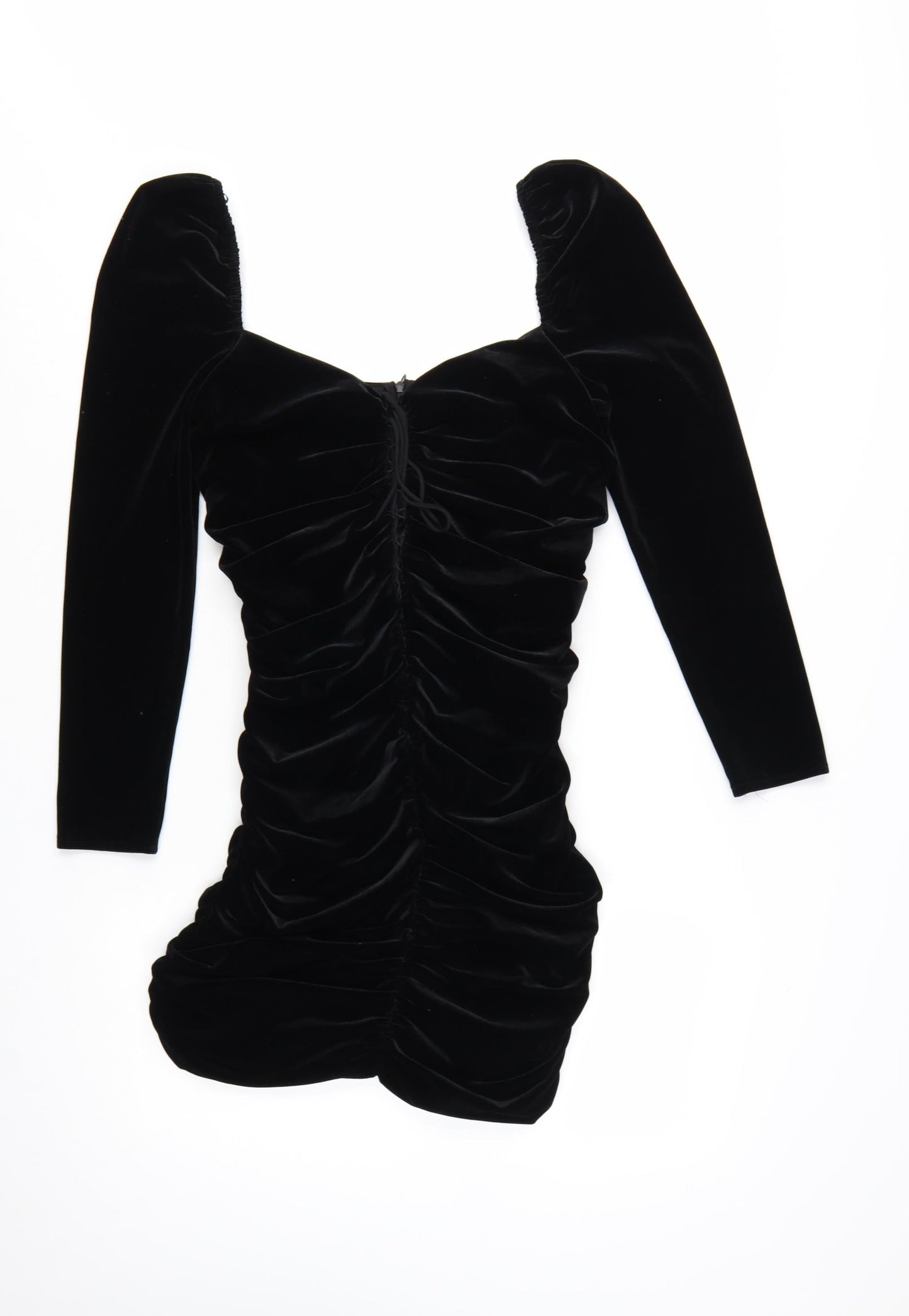 Zara Women Black Velvet Ruched Bodycon Mini Dress Size 12