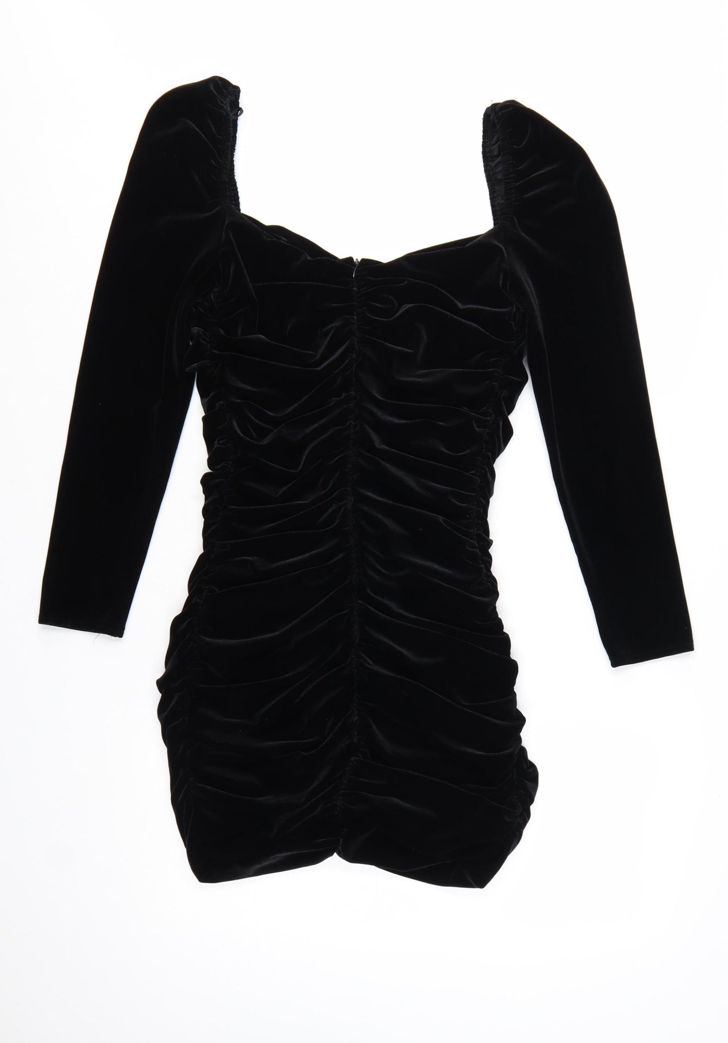 Zara Women Black Velvet Ruched Bodycon Mini Dress Size 12