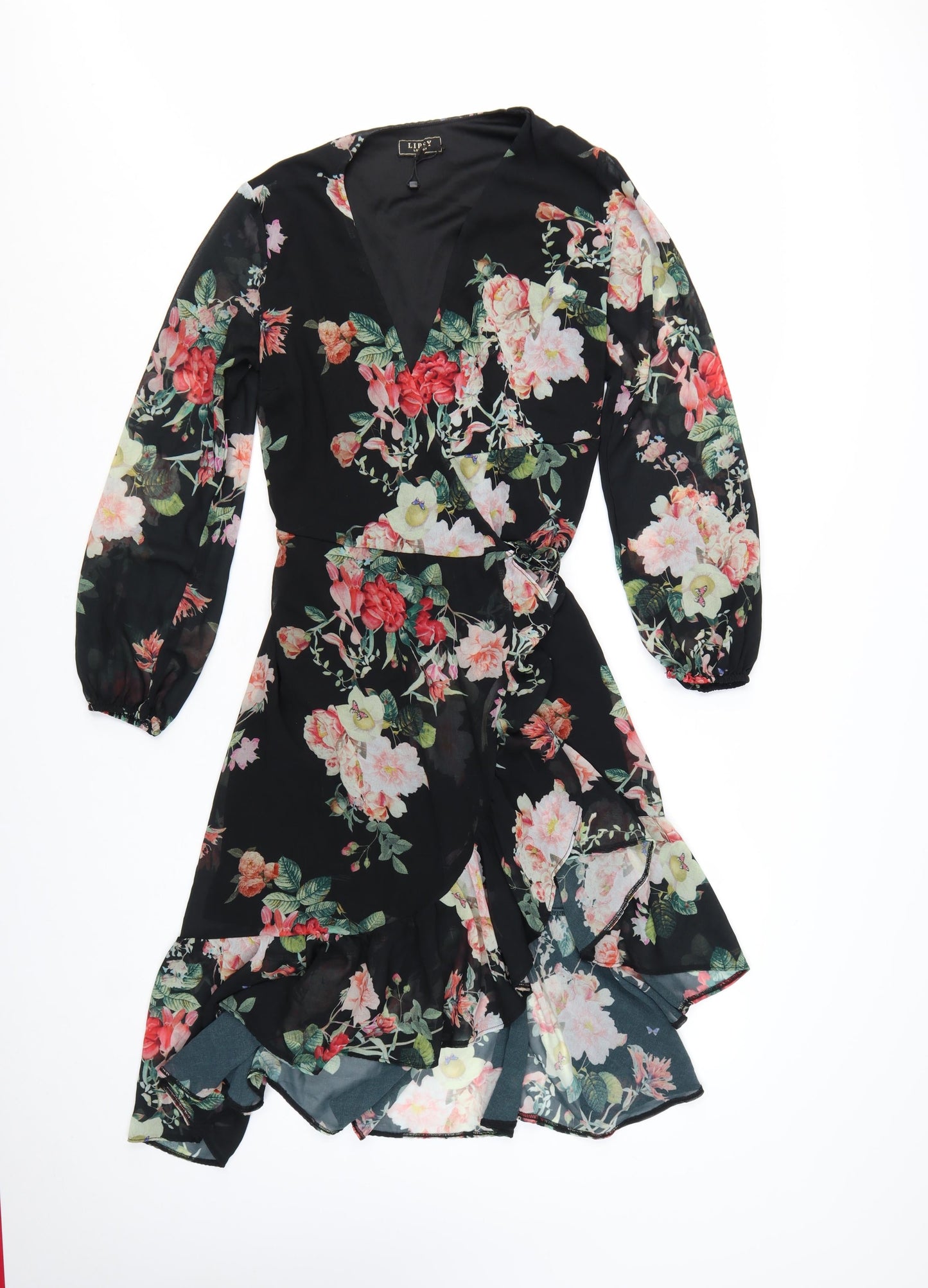 Lipsy Women’s Black Floral Wrap Hi-Low Chiffon Dress Size 12