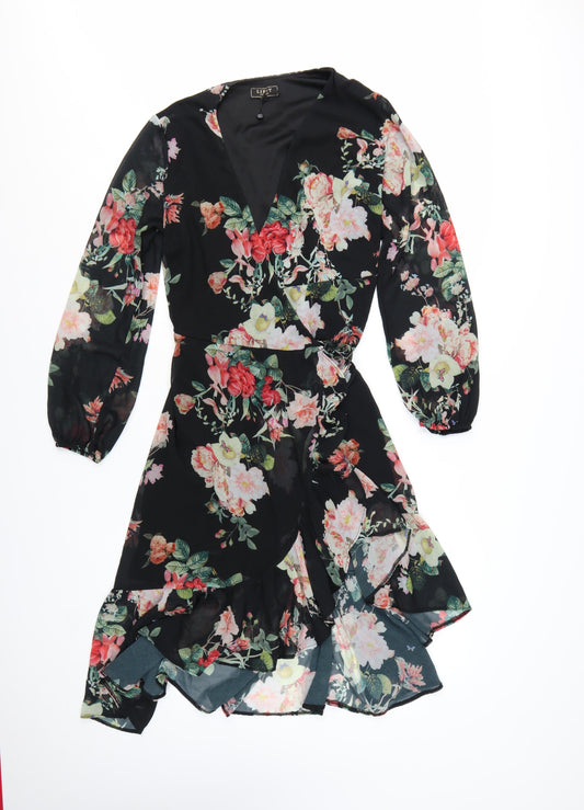 Lipsy Women’s Black Floral Wrap Hi-Low Chiffon Dress Size 12