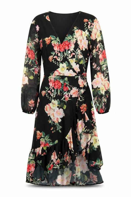 Lipsy Women’s Black Floral Wrap Hi-Low Chiffon Dress Size 12