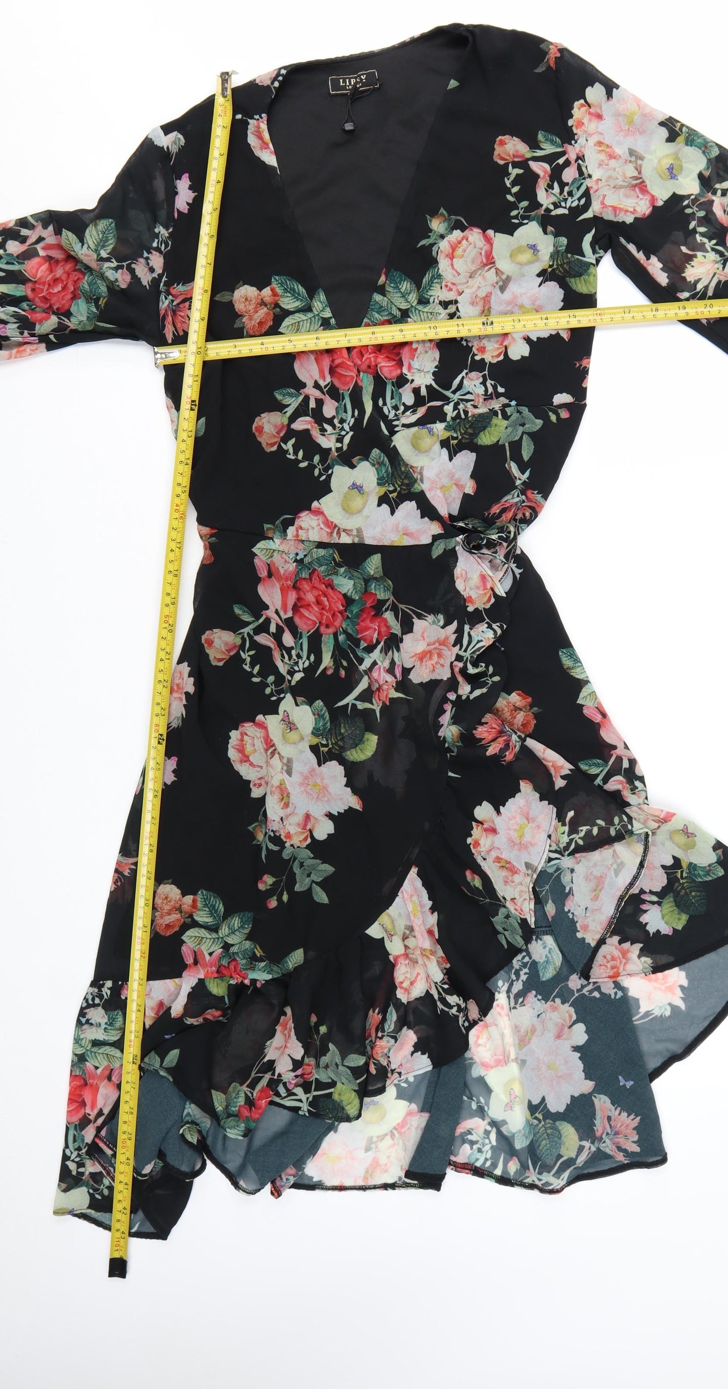 Lipsy Women’s Black Floral Wrap Hi-Low Chiffon Dress Size 12