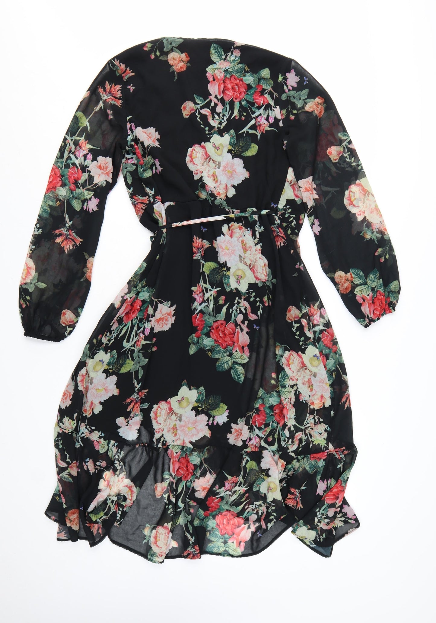 Lipsy Women’s Black Floral Wrap Hi-Low Chiffon Dress Size 12