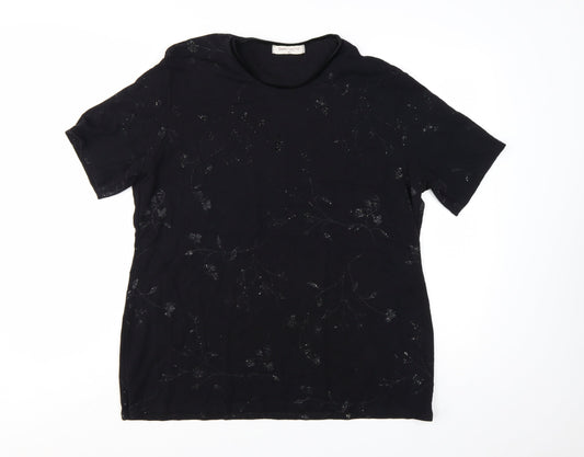 Preloved Bonmarché Women's Black Floral Glitter T-Shirt XL - Front