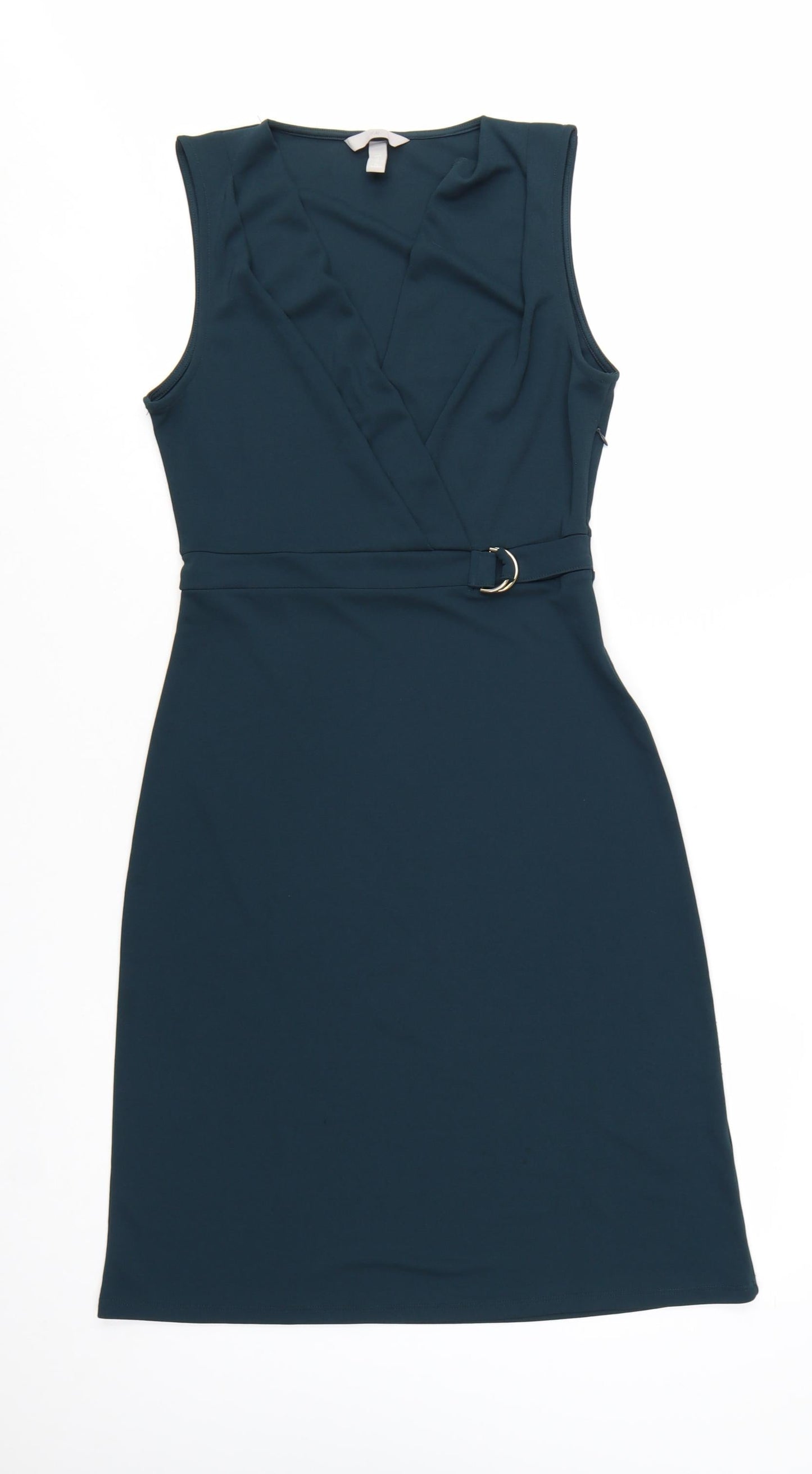 H&M Women Green Sleeveless Wrap Dress Belted Size S