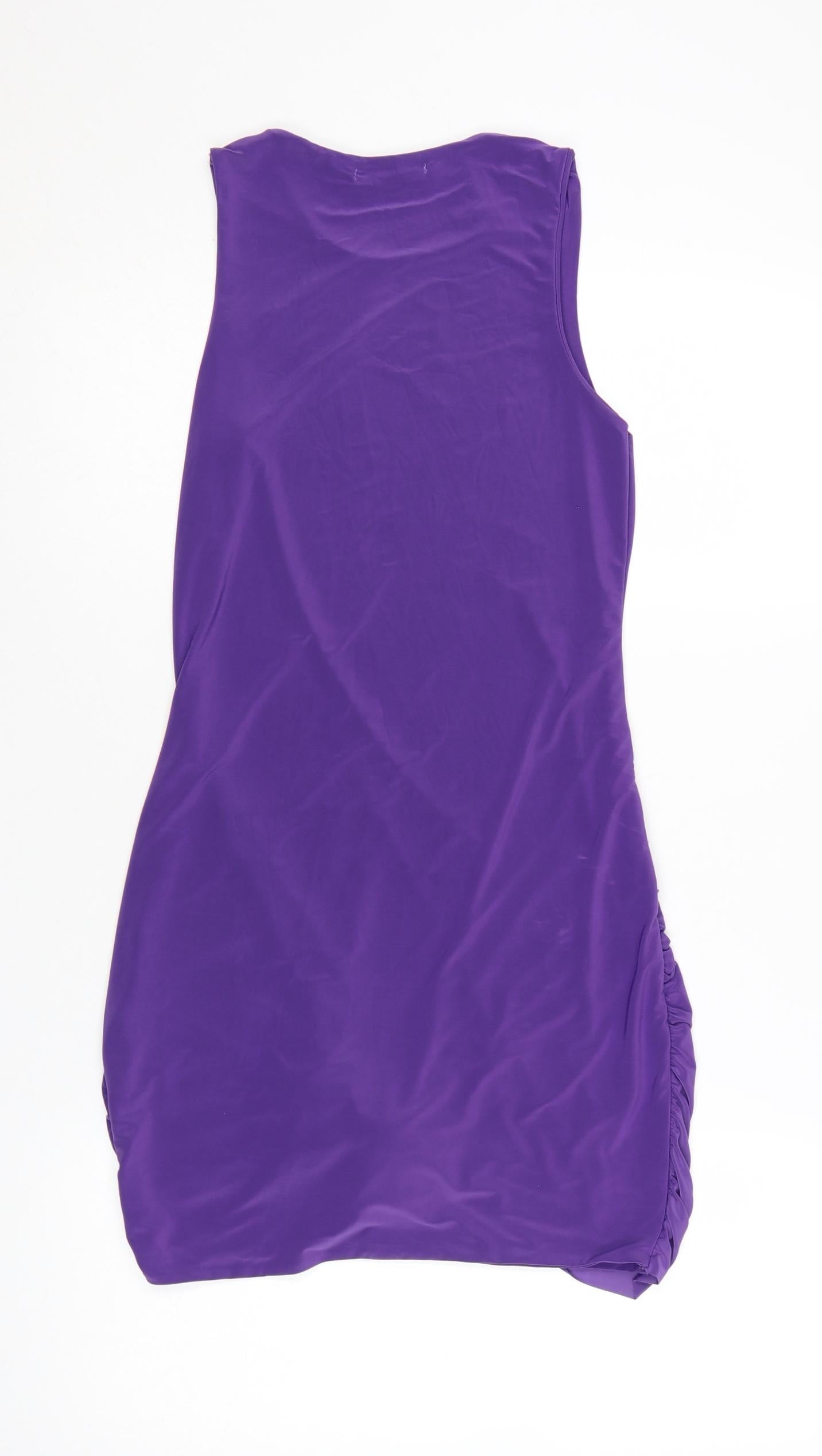Missy Empire Women's Purple Bodycon Mini Dress Size 12 Sleeveless Ruched Tie