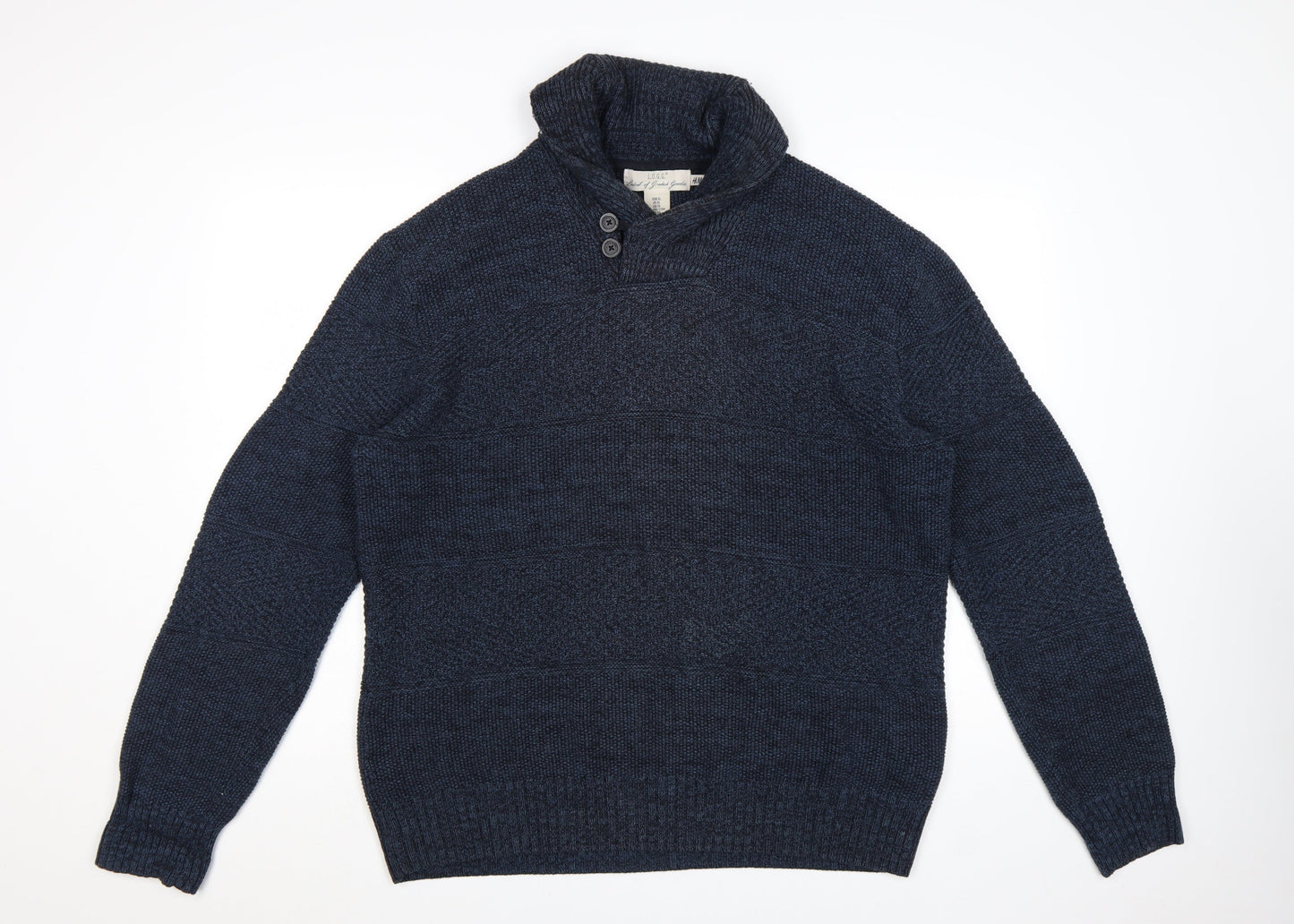 H&M L.O.G.G Men’s Blue High Neck Button Henley Knit Jumper XL