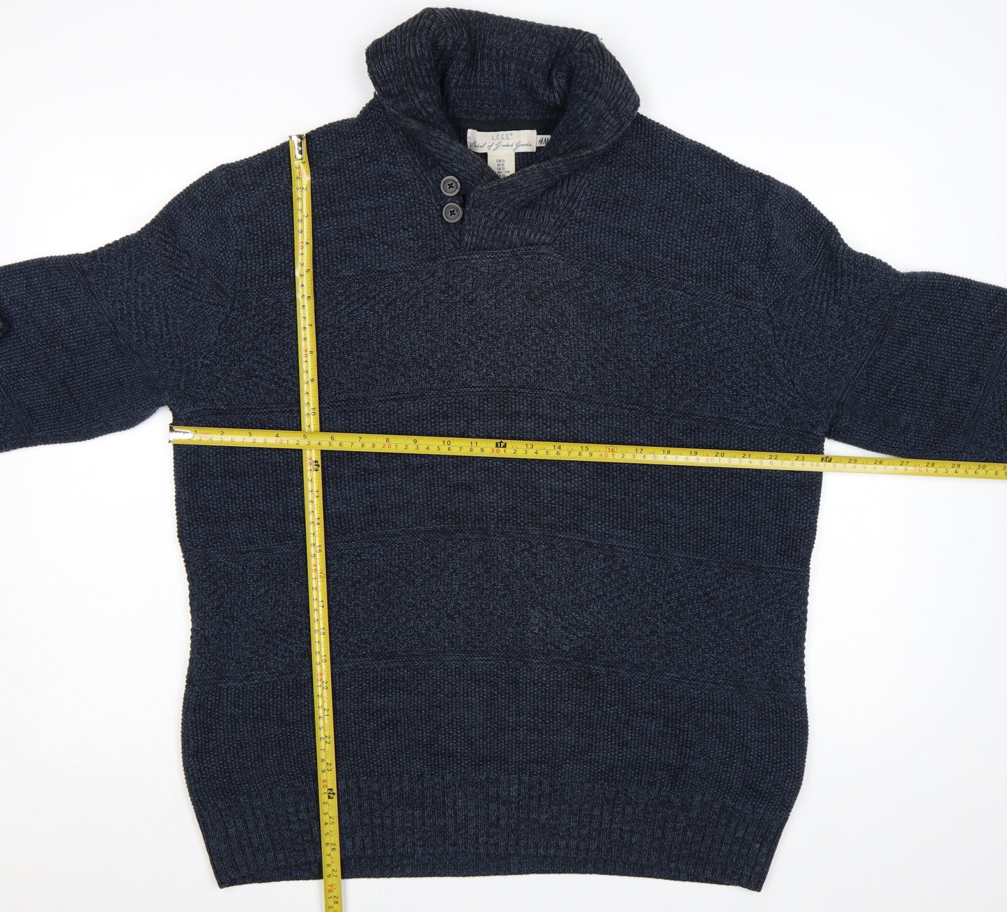 H&M L.O.G.G Men’s Blue High Neck Button Henley Knit Jumper XL