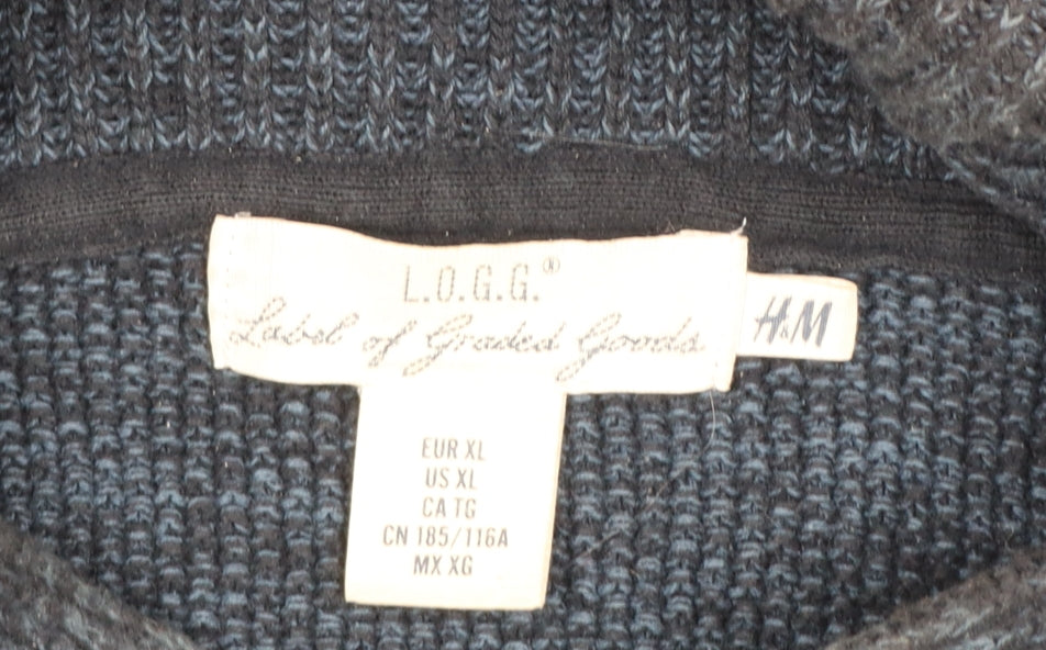 H&M L.O.G.G Men’s Blue High Neck Button Henley Knit Jumper XL
