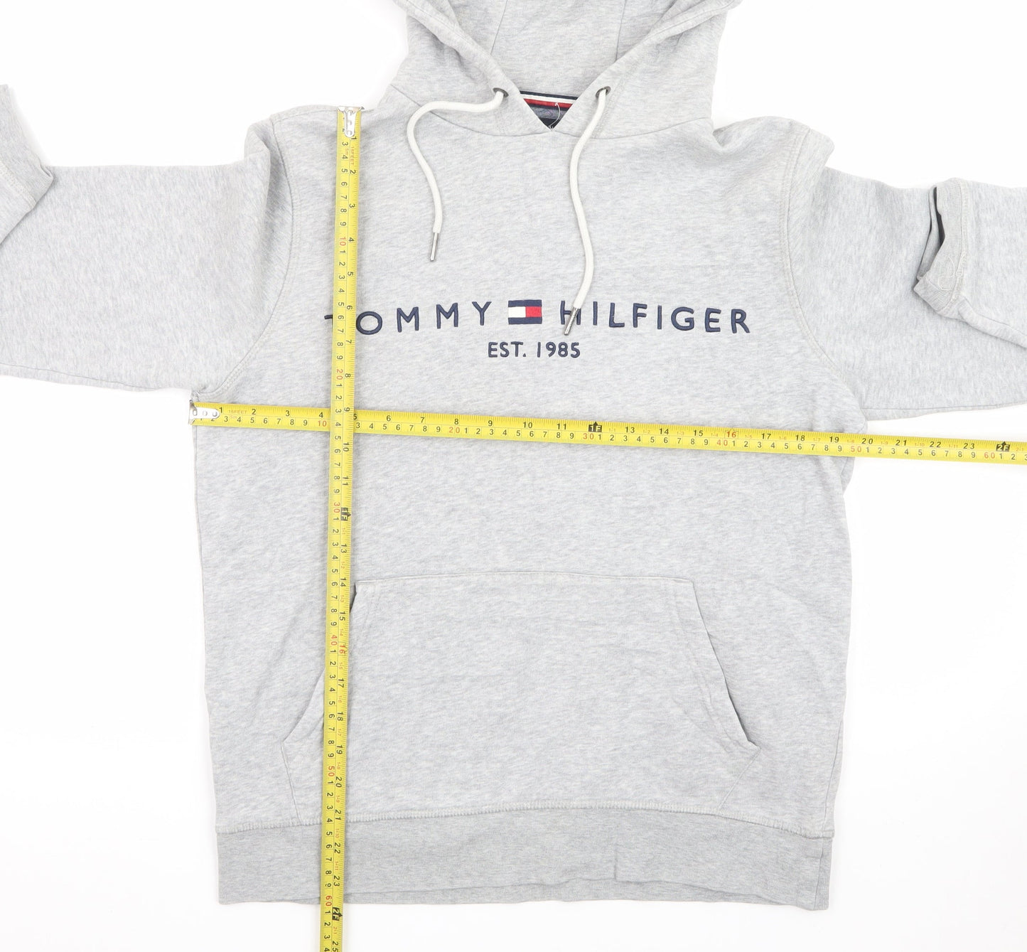 Tommy Hilfiger Men’s Grey Pullover Hoodie S Logo Fleece Sweatshirt