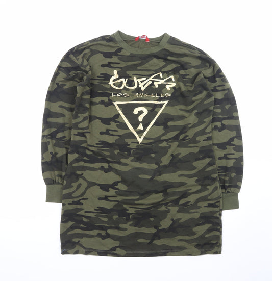 Guess Women Green Camouflage T-Shirt Dress XS Long Sleeve